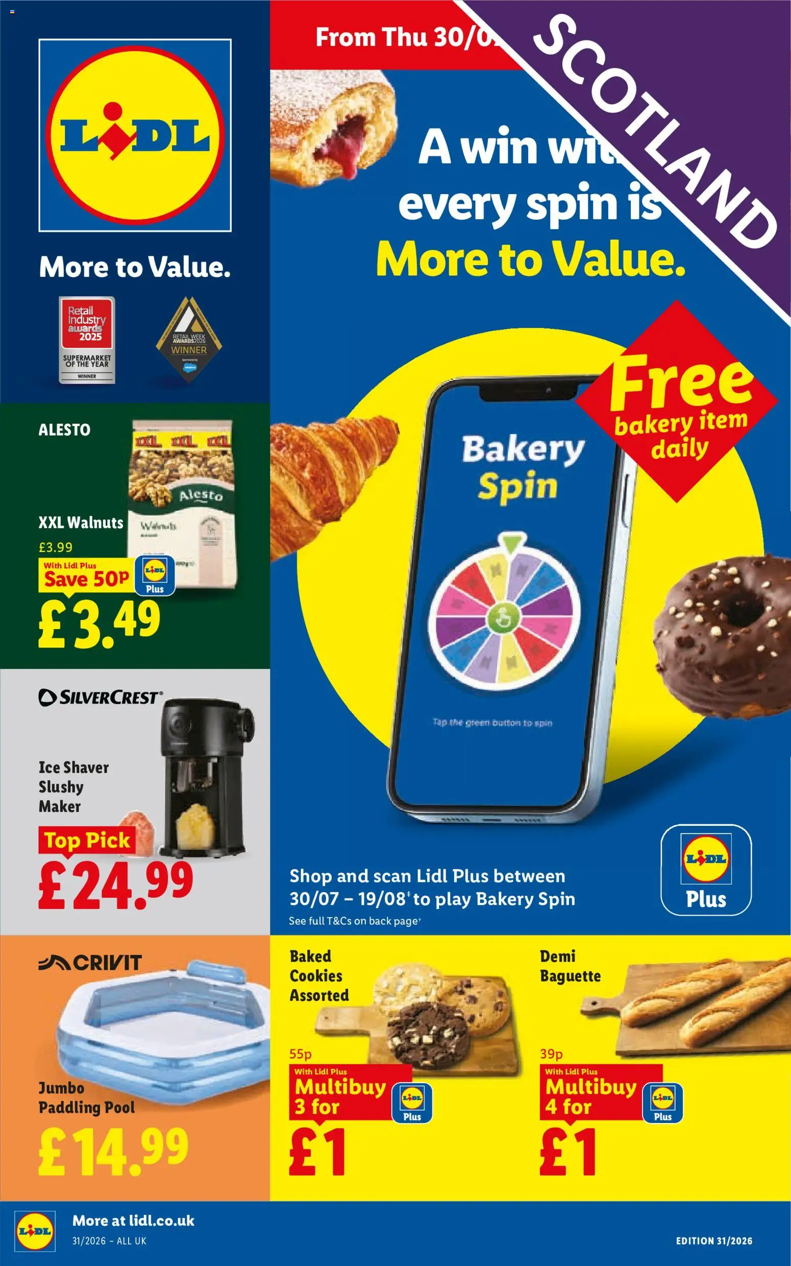Preview of Lidl Weekly offers Scotland valid from 30/07/2026 - Bakery, Cookies, Ice, Walnuts, Baguette