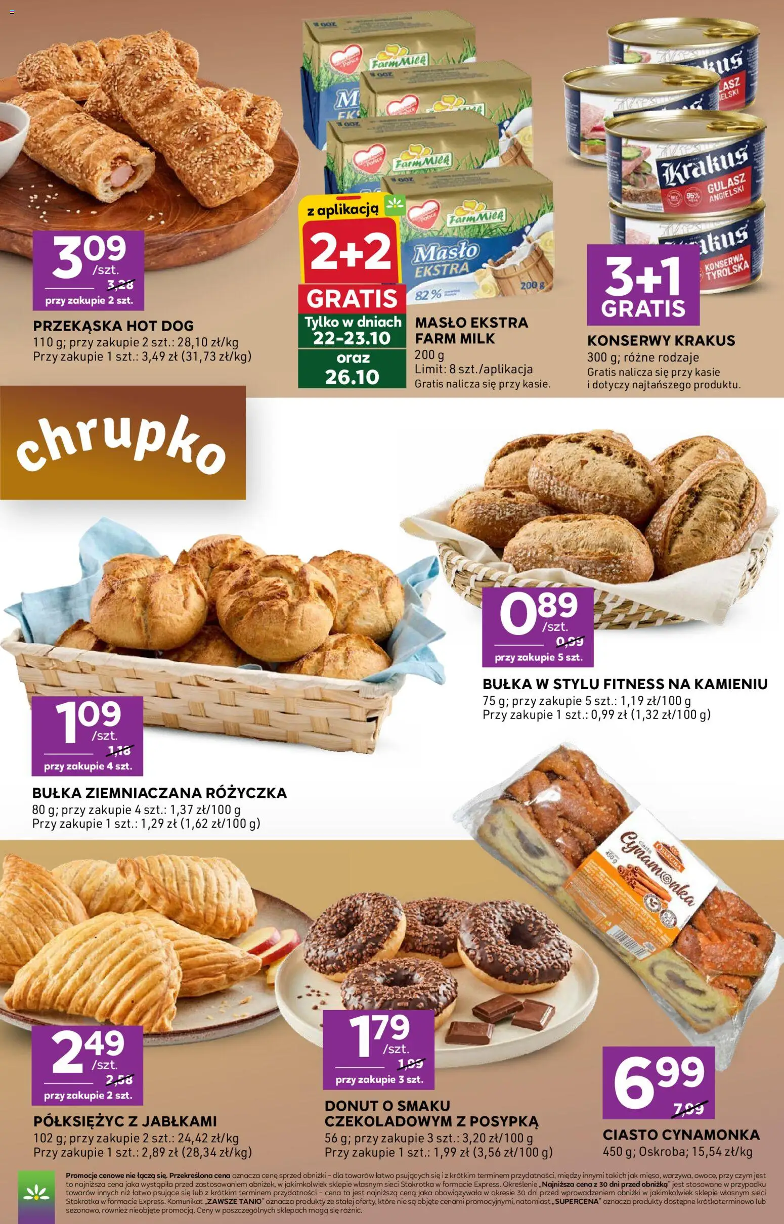 Pogląd gazetki "Stokrotka gazetka - Express" ze sklepu Stokrotka ważnej od 22.10.2026 - Stokrotka, Ciasto, Masło, Gulasz, Hot dog, Bułka, Donut