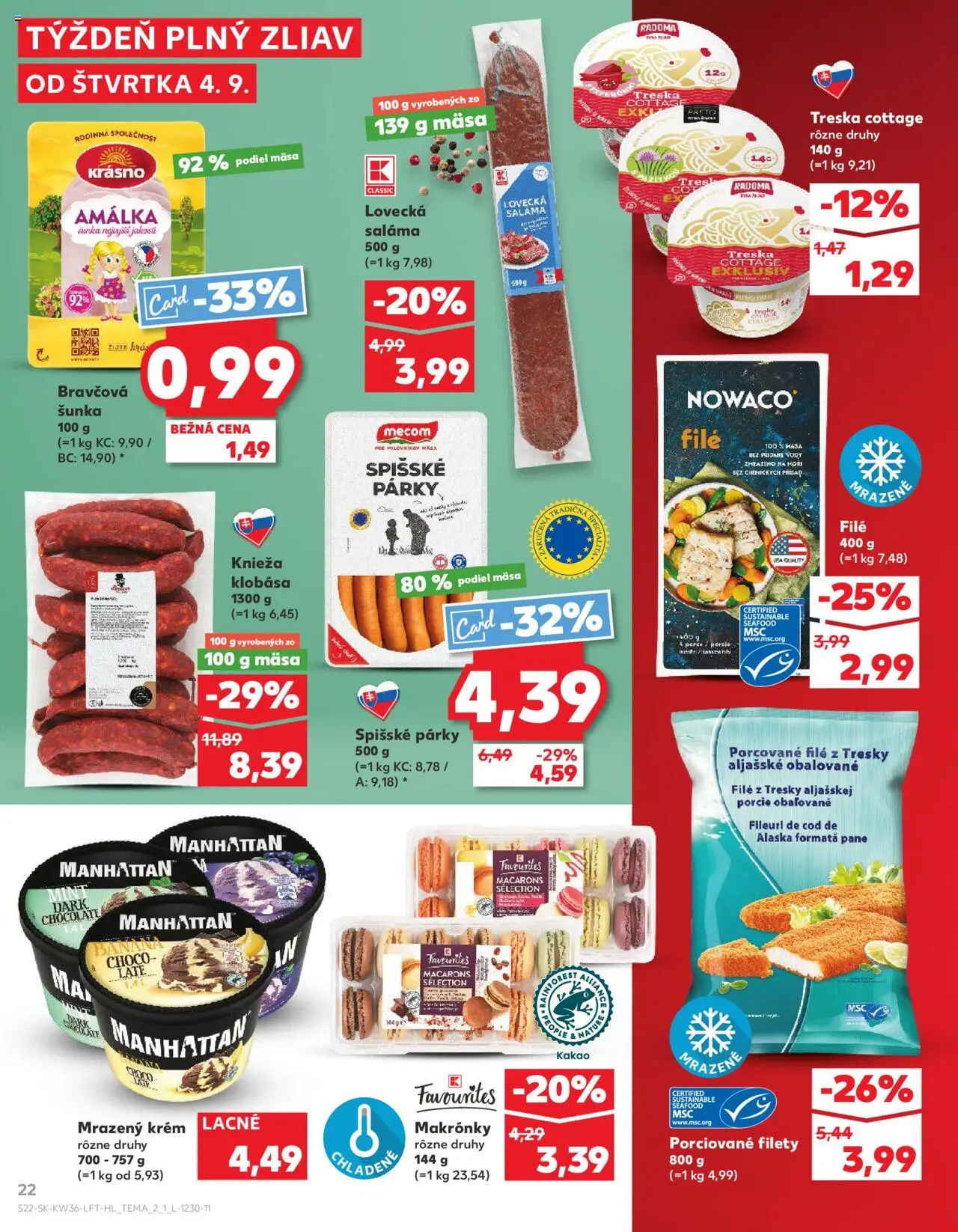 Náhľad Kaufland letáku platného od 04.09.2025 - Makronky, Treska, Kakao, Klobása, Šunka, Párky, Saláma, Krém