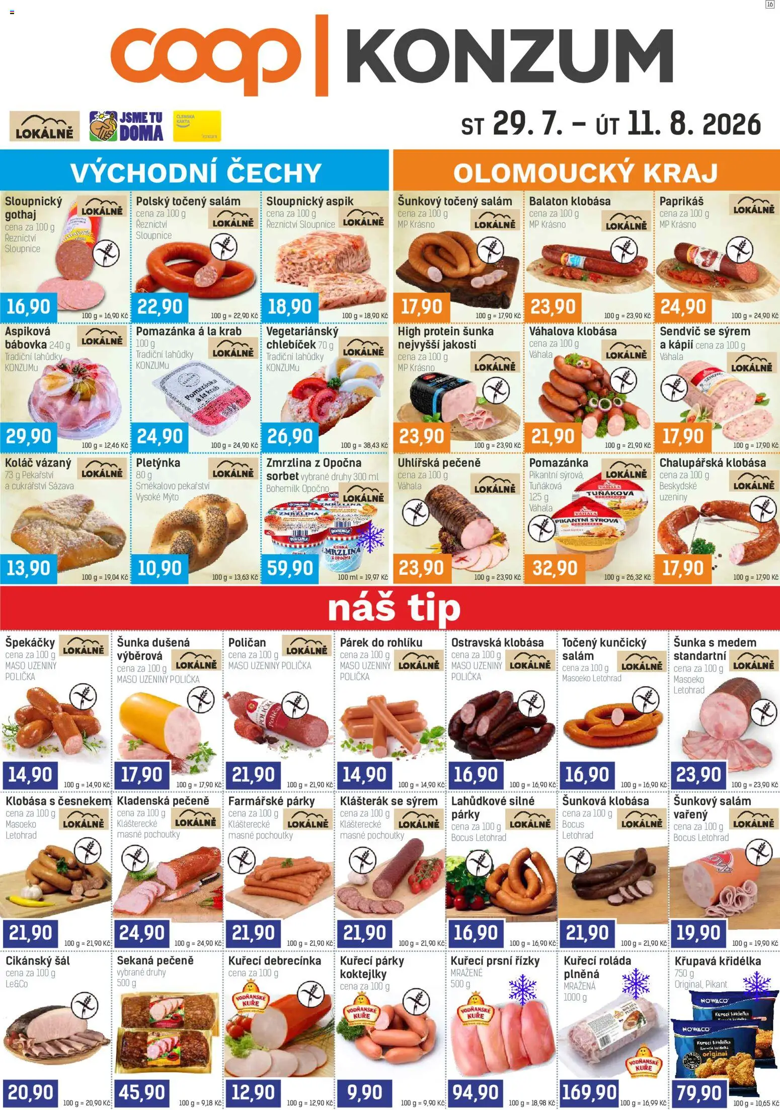 Náhled nabídky: Konzum Konzum leták platný od 29.07.2026 - Zmrzlina, Koláč, Sekaná, Pomazánka, Klobása, Sorbet, Špekáčky, Prsní řízky