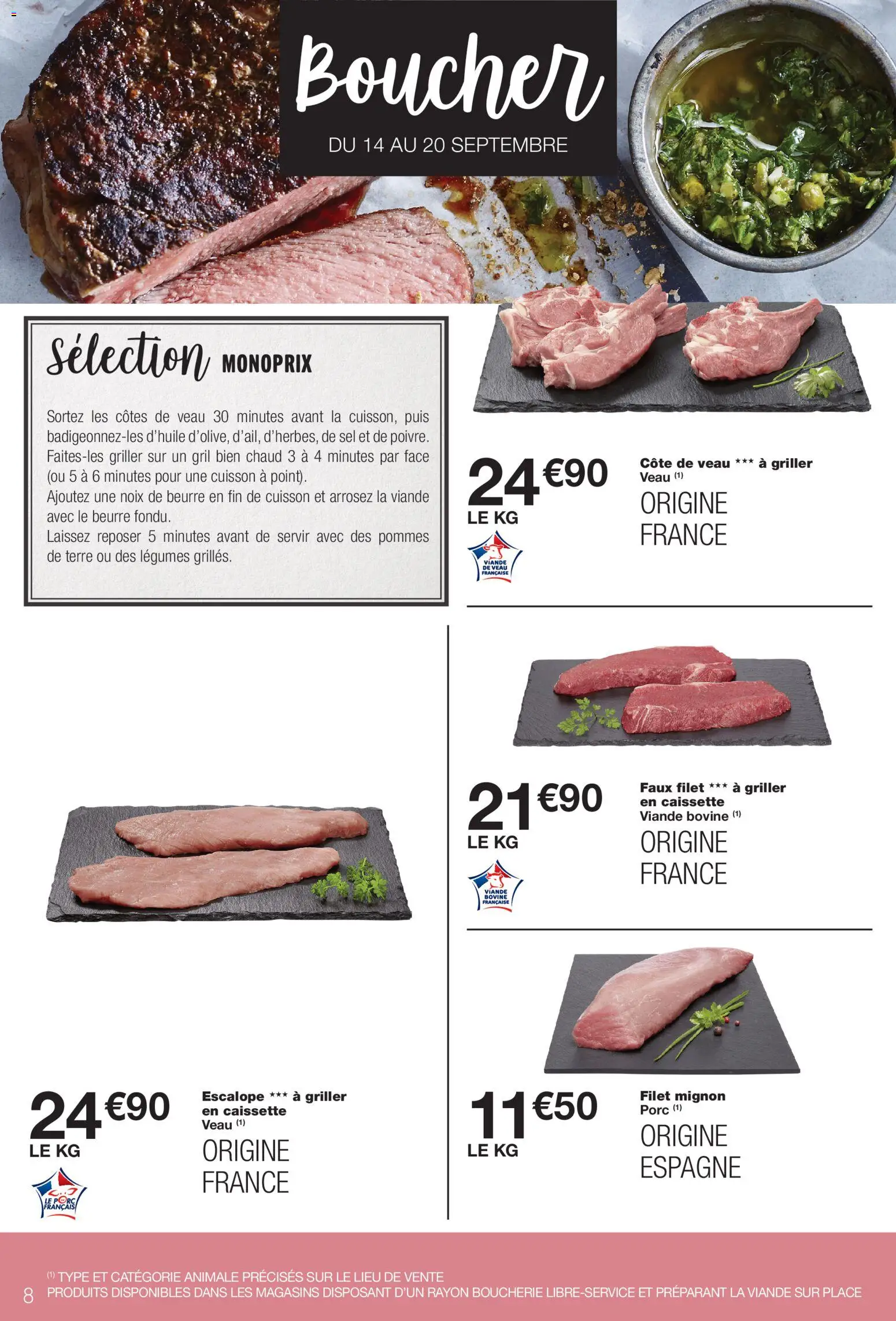 Prévisualisation de Monoprix catalogue du magasin Monoprix formulaire valide 08/09/2026 - Filet mignon, Faux filet, Noix, Sel, Porc, Pommes, Gril, Viande de veau