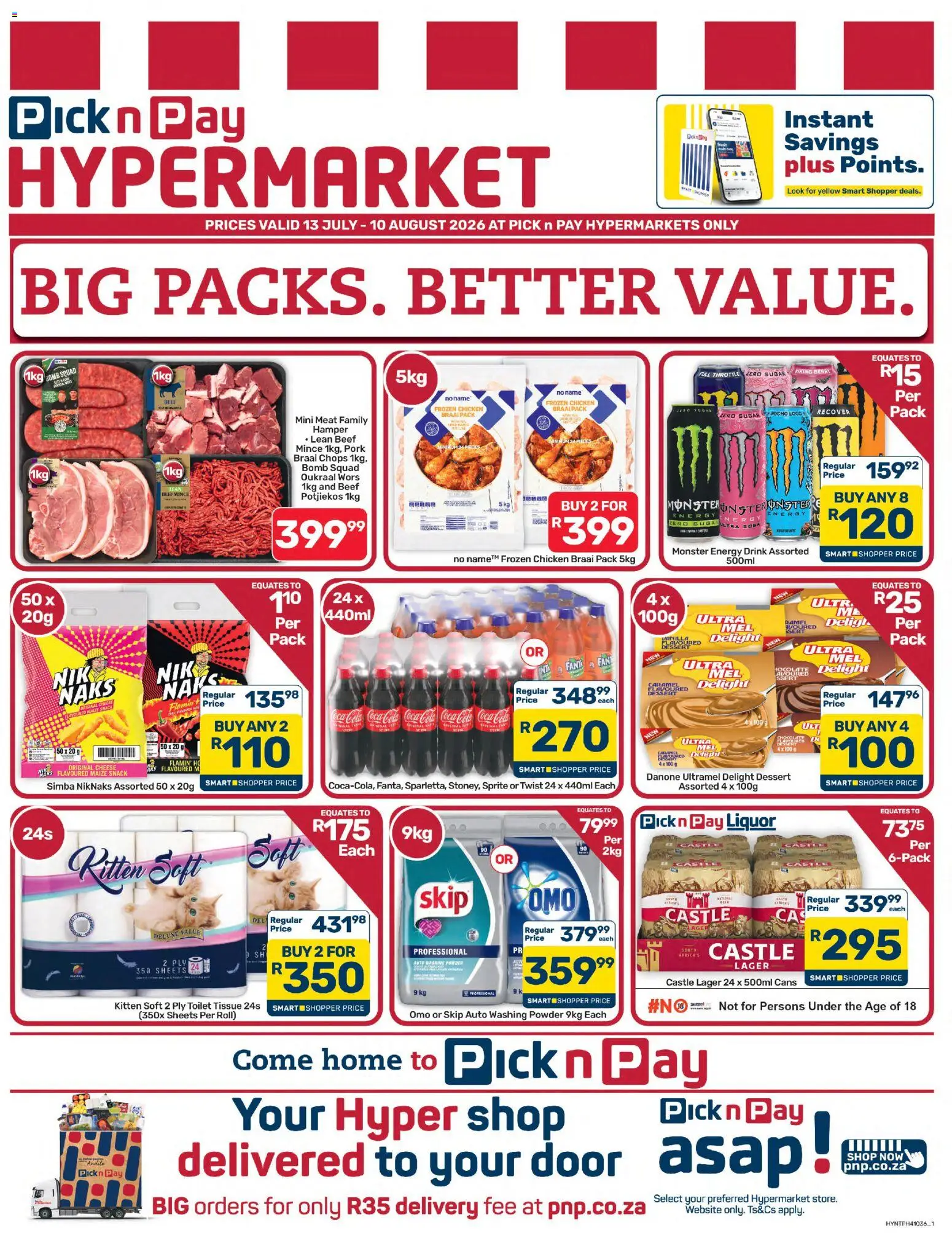Preview of Pick n Pay flyer valid from 13/07/2026 - Dessert, Sugar, Pork, Beef, Sprite, Vanilla, Powder, Frozen chicken