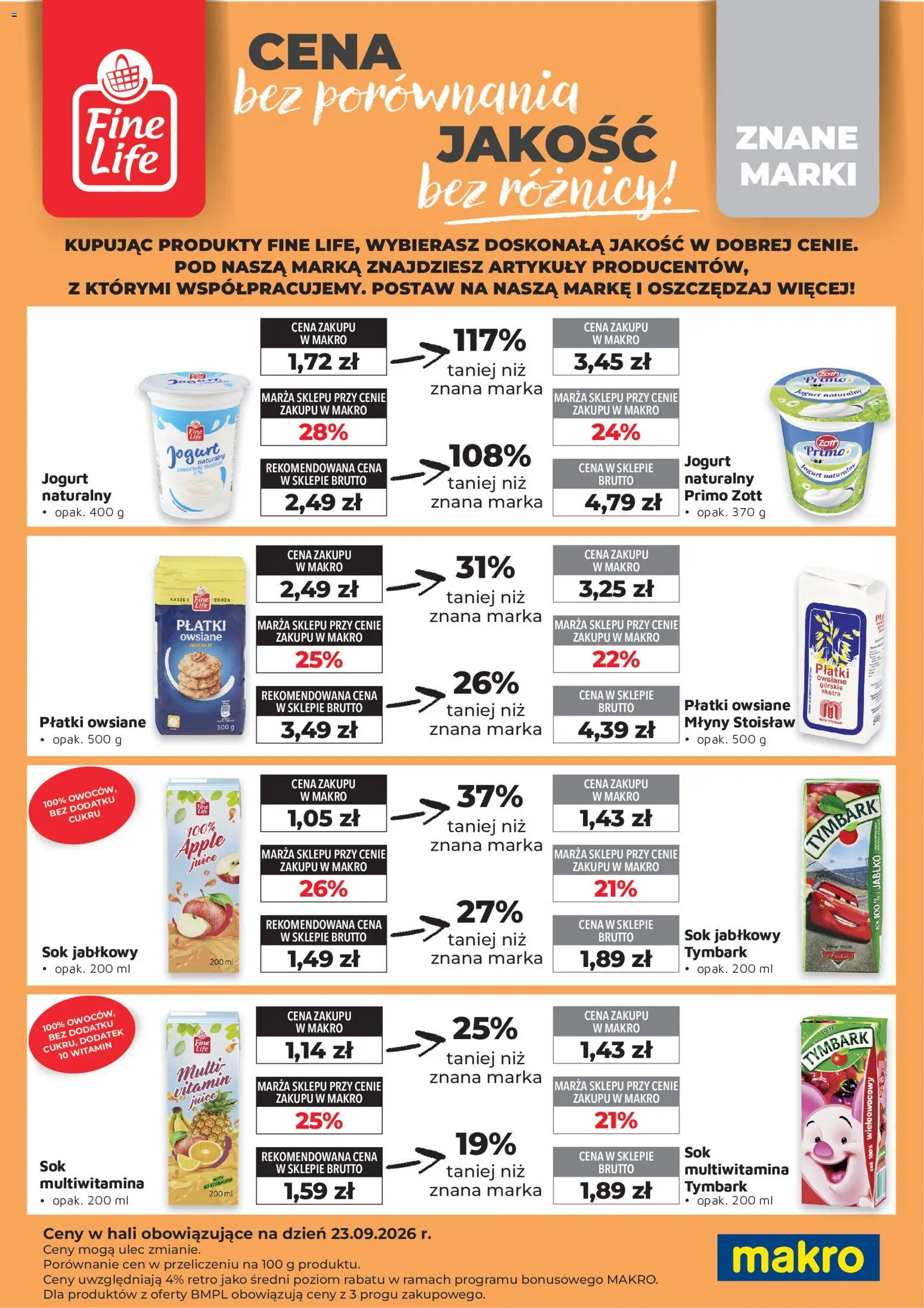 Pogląd gazetki "Makro gazetka - Fine Life" ze sklepu Makro ważnej od 01.10.2026 - Płatki owsiane, Tymbark, Jogurt naturalny, Sok, Jogurt, Płatki, Sok jabłkowy