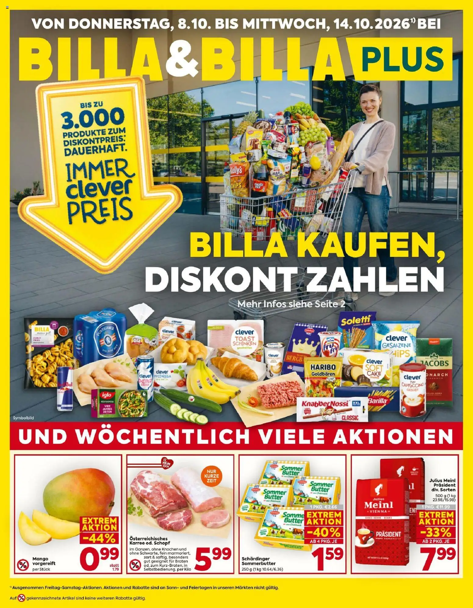 Vorschau der Angebote: Billa Billa Flugblatt gültig ab 08.10.2026 - Mango, Kaffee, Pasta, Bier, Chips, Spaghetti, Barilla, Schinken