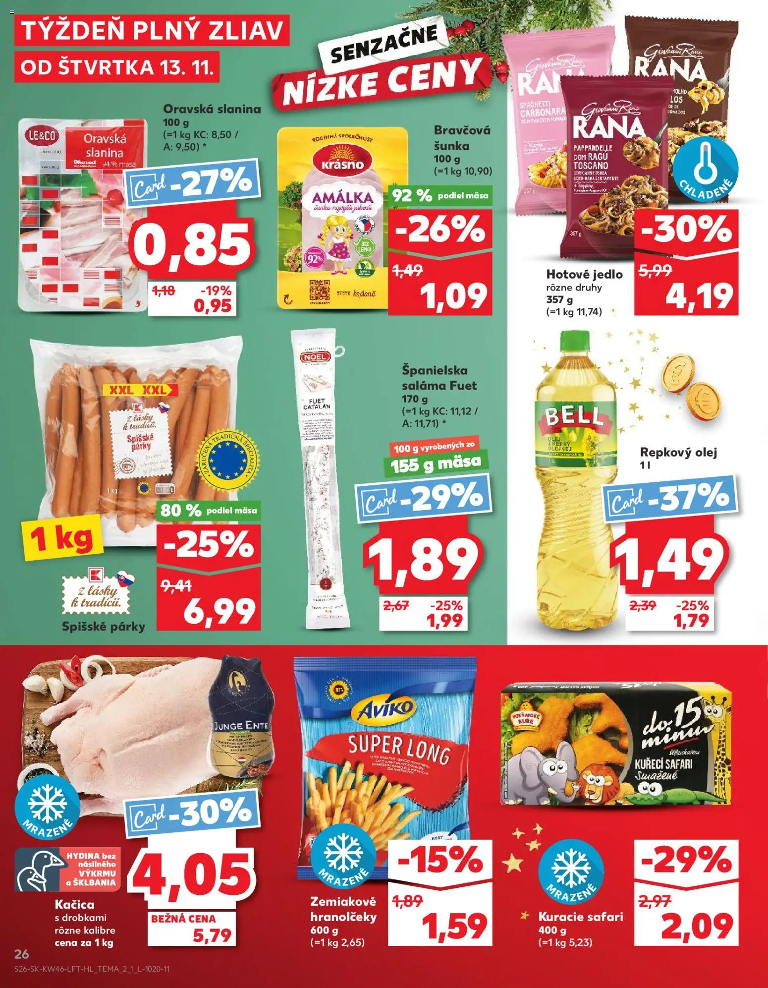 Náhľad Kaufland letáku platného od 13.11.2025 - Olej, Šunka, Slanina, Kačica, Párky, Saláma, Repkový olej