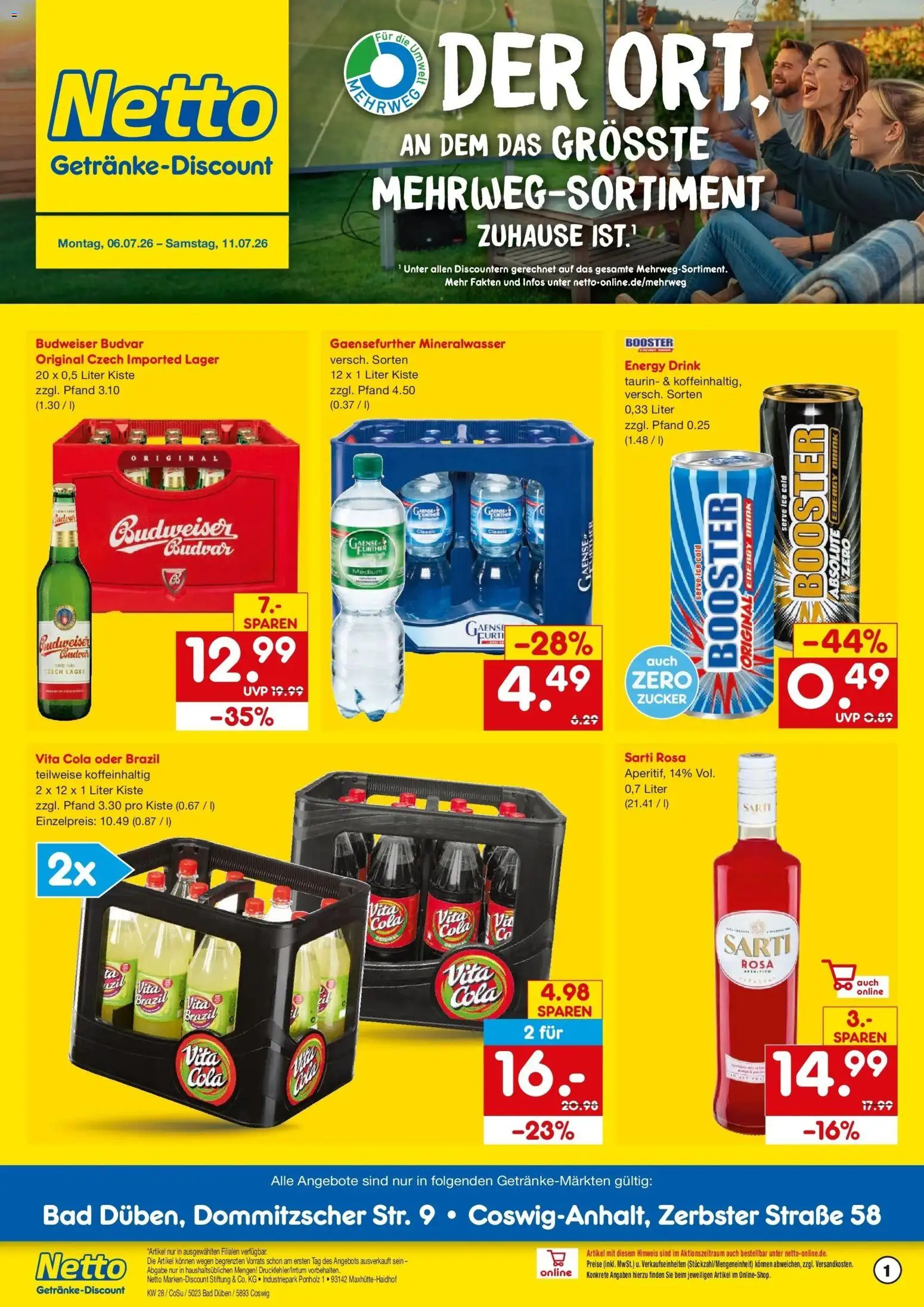Vorschau von dem Prospekt des Geschäftes Netto Marken-Discount, gültig ab dem 05.07.2026 - Bad, Cola, Mineralwasser, Zucker, Energy, Vita cola, Budweiser