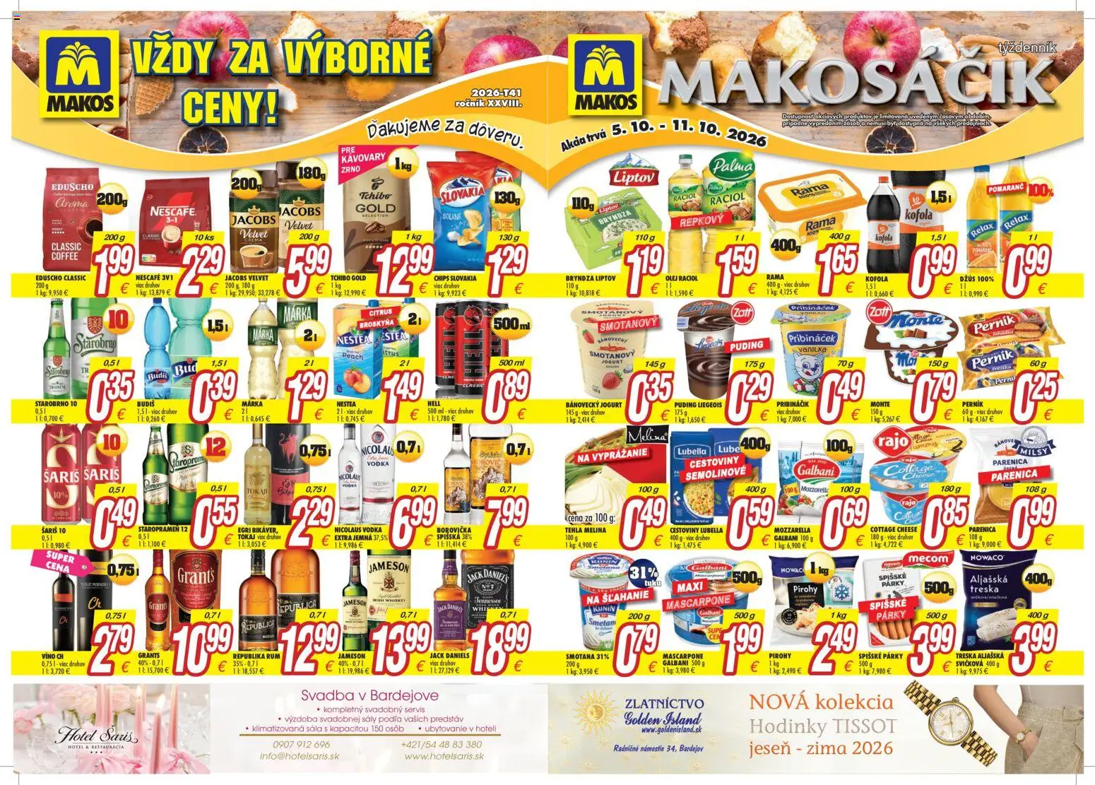 Náhľad Makos letáku platného od 05.10.2026 - Rum, Borovička, Nicolaus vodka, Jameson, Cottage cheese, Budiš, Džús, Rama