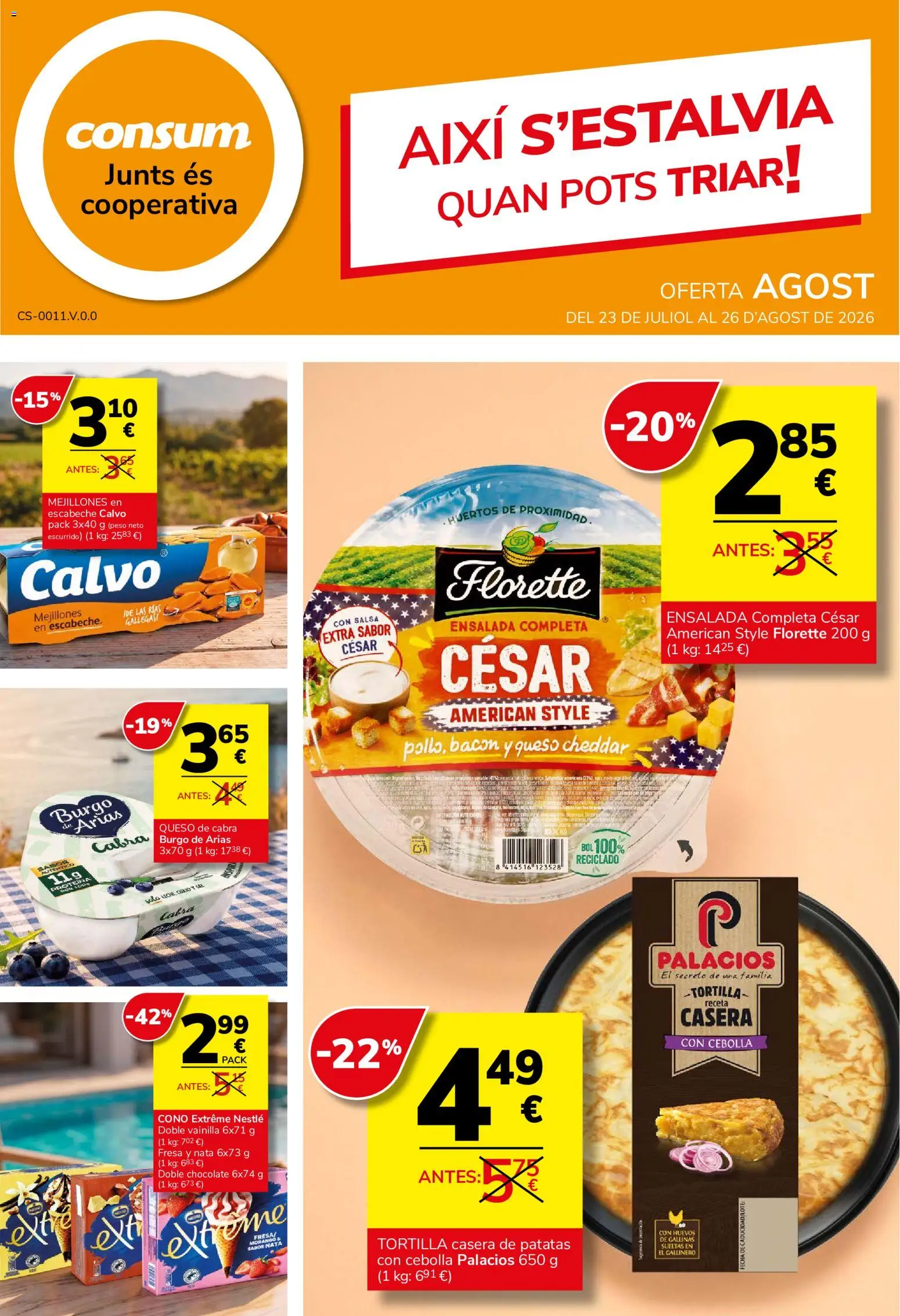 Vista previa del folleto de la tienda Consum válido desde el 23/07/2026 - Queso, Proteína, Patatas, Cebolla, Bacon, Nata, Peso, Queso Cheddar