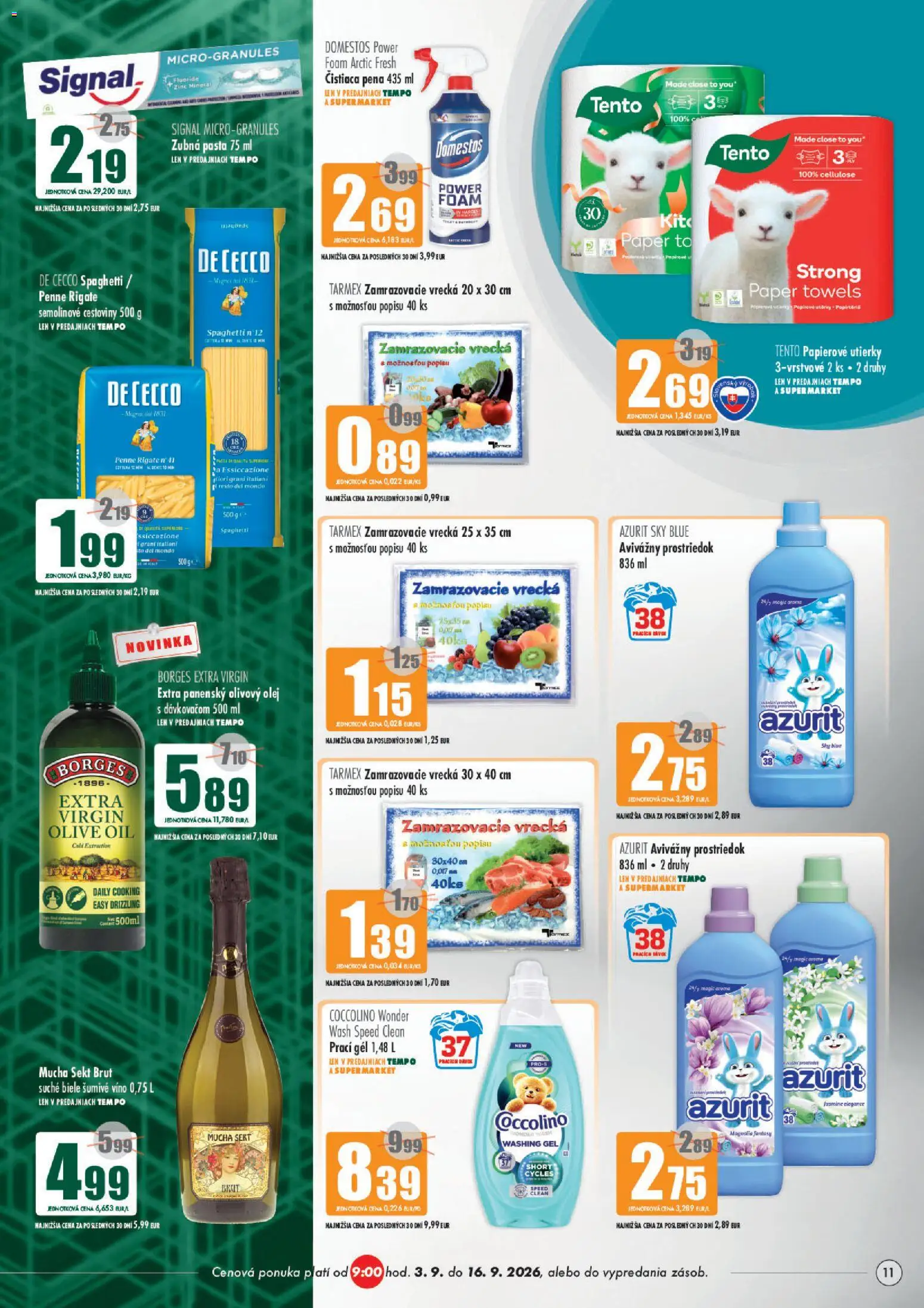 Náhľad COOP Jednota letáku platného od 03.09.2026 - Víno, Olej, Penne, Coccolino, Domestos, Pena, Zubná pasta, Utierky