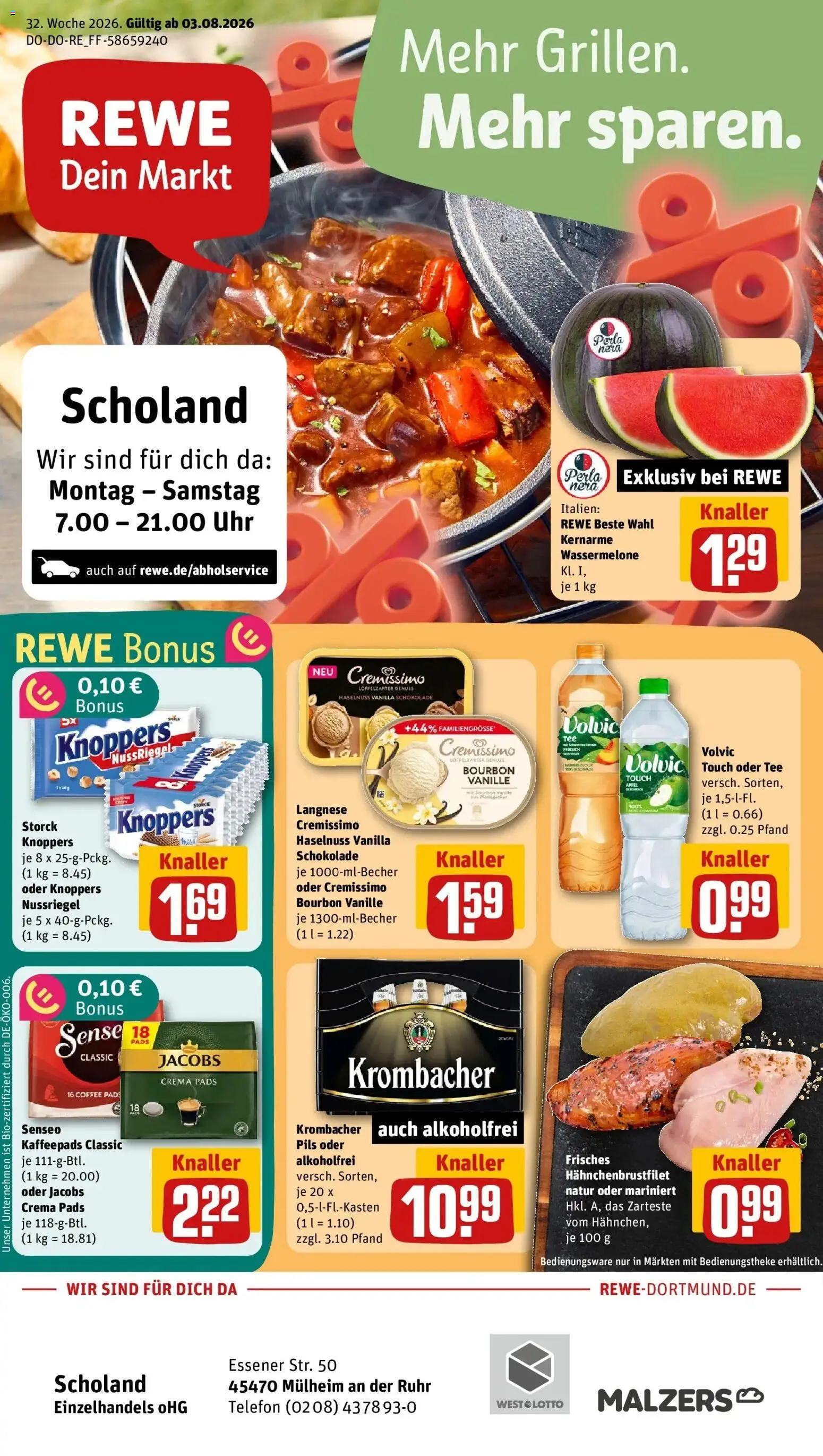 Vorschau von dem Prospekt des Geschäftes Rewe, gültig ab dem 03.08.2026 - Uhr, Schokolade, Krombacher, Vanille, Volvic, Bourbon, Kaffeepads, Cremissimo