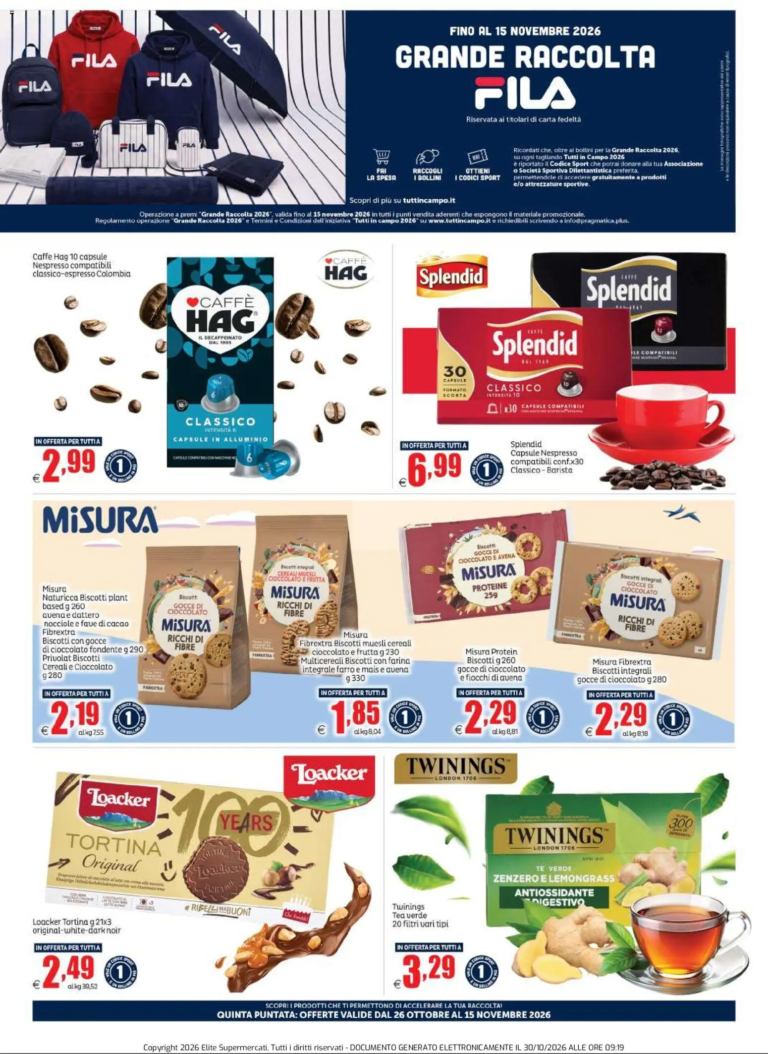 Anteprima dell'opuscolo Elite Supermercati volantino Tutti in Campo dal negozio Elite Supermercati valido da 26/10/2026 - Biscotti, Cioccolato, Frutta, Zenzero, Muesli, Nocciole, Mais, Tè