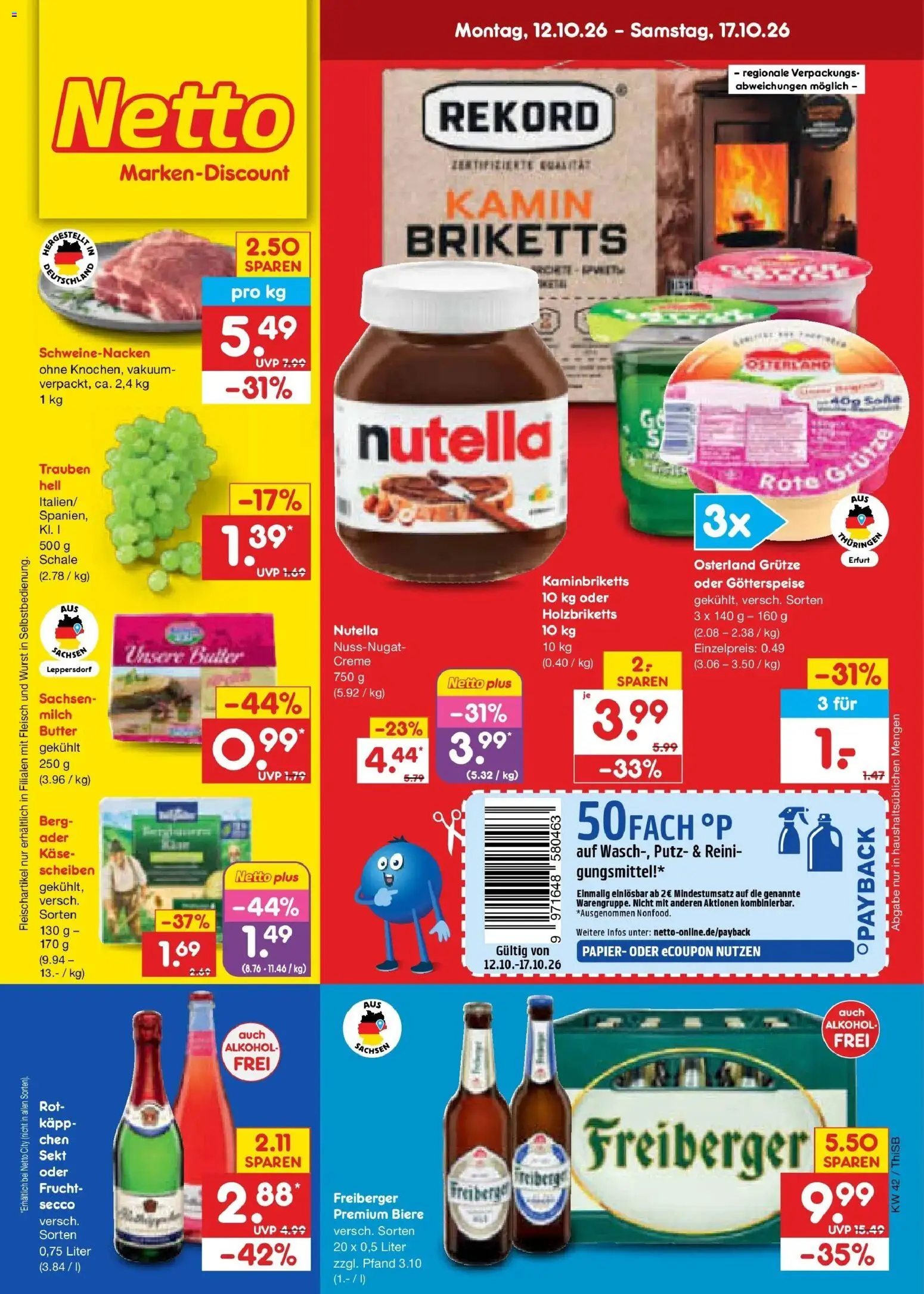 Vorschau von dem Prospekt des Geschäftes Netto Marken-Discount, gültig ab dem 12.10.2026 - Käse, Wurst, Nutella, Alkohol, Kamin, Milch, Sekt, Schweinenacken