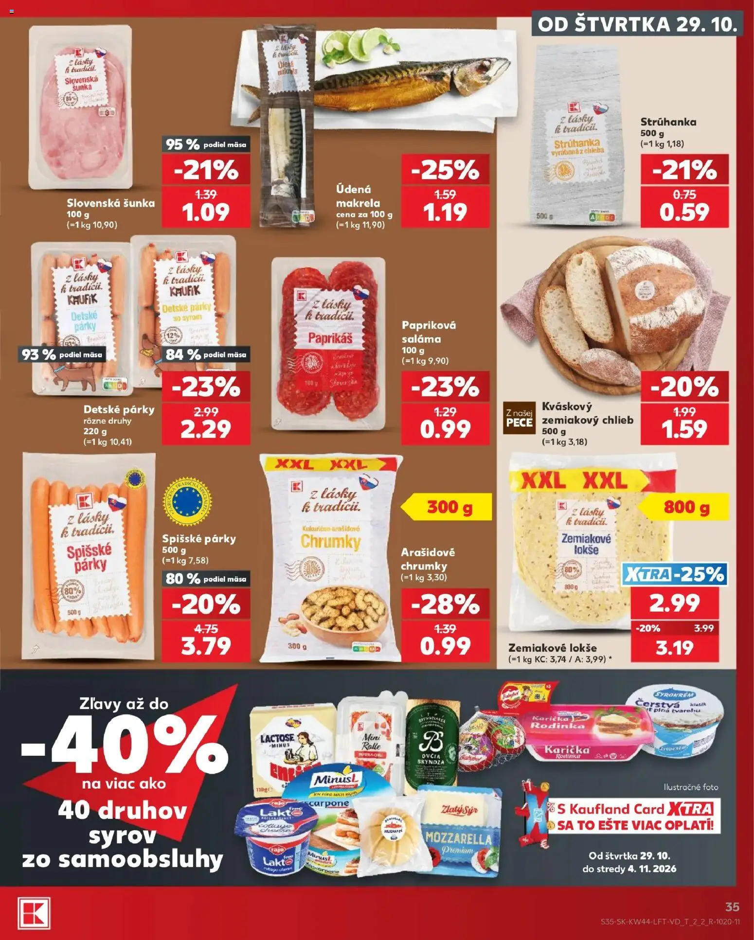 Náhľad Kaufland letáku platného od 29.10.2026 - Syr, Bryndza, Chlieb, Mozzarella, Šunka, Párky, Makrela, Saláma