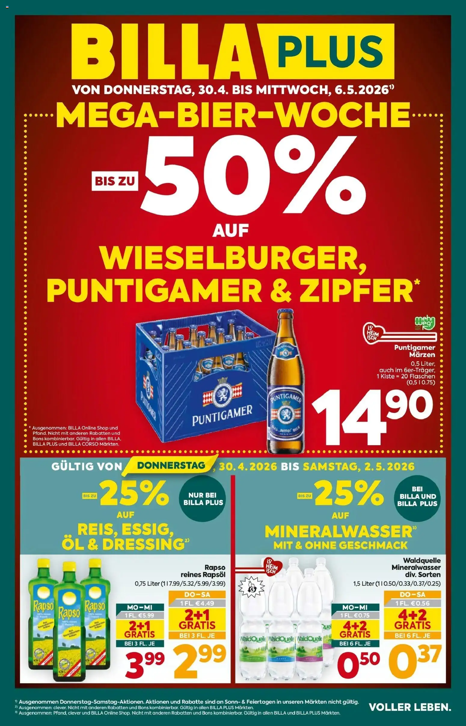Vorschau der Angebote: Billa Plus Billa Plus Flugblatt - Steiermark gültig ab 30.04.2026 - Öl, Mineralwasser, Rapsöl, Dressing