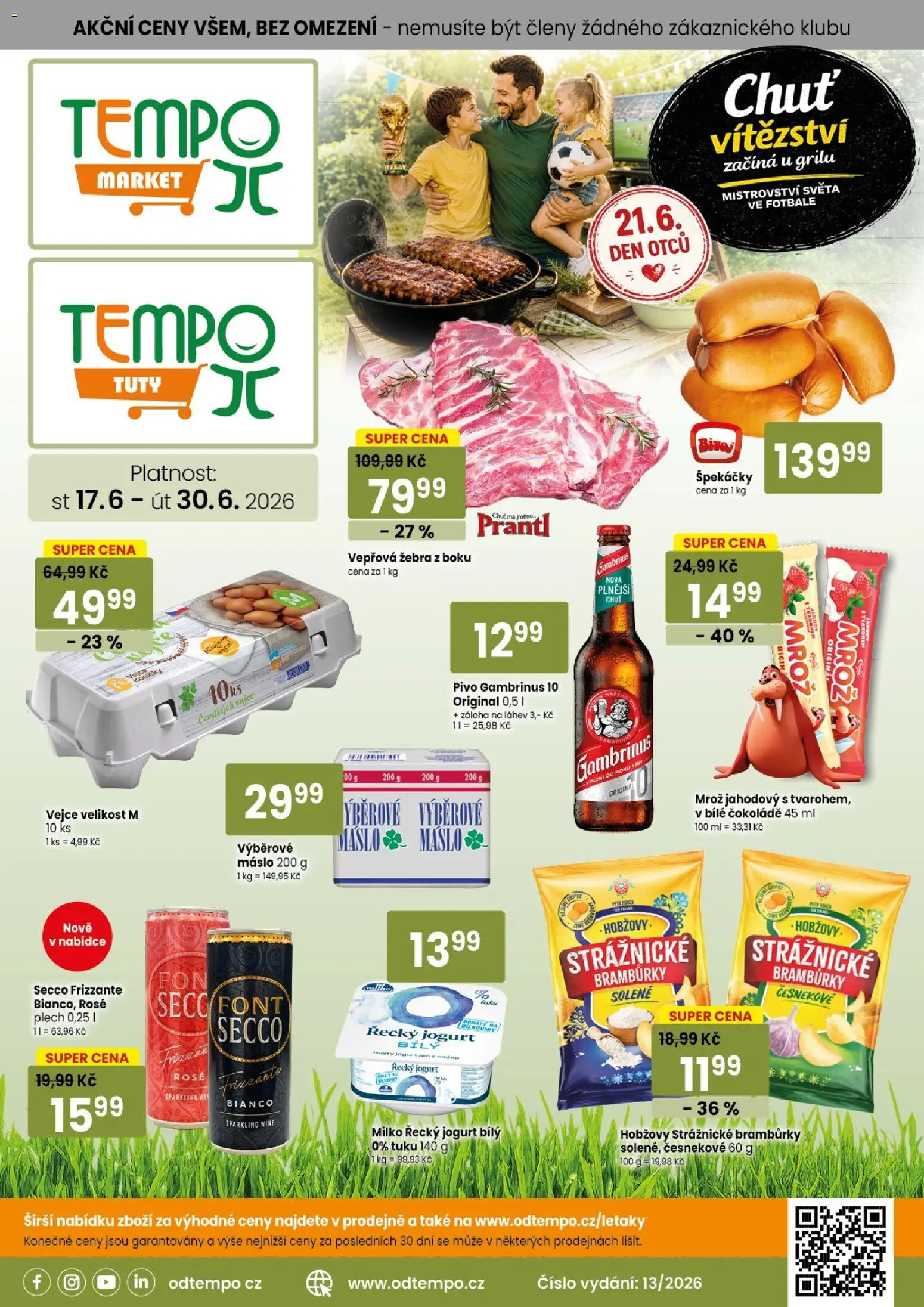 Náhled nabídky: Tempo Tempo leták platný od 17.06.2026 - Vejce, Řecký jogurt, Gambrinus, Plech, Bramburky, Vepřová žebra, Strážnické brambůrky, Špekáčky