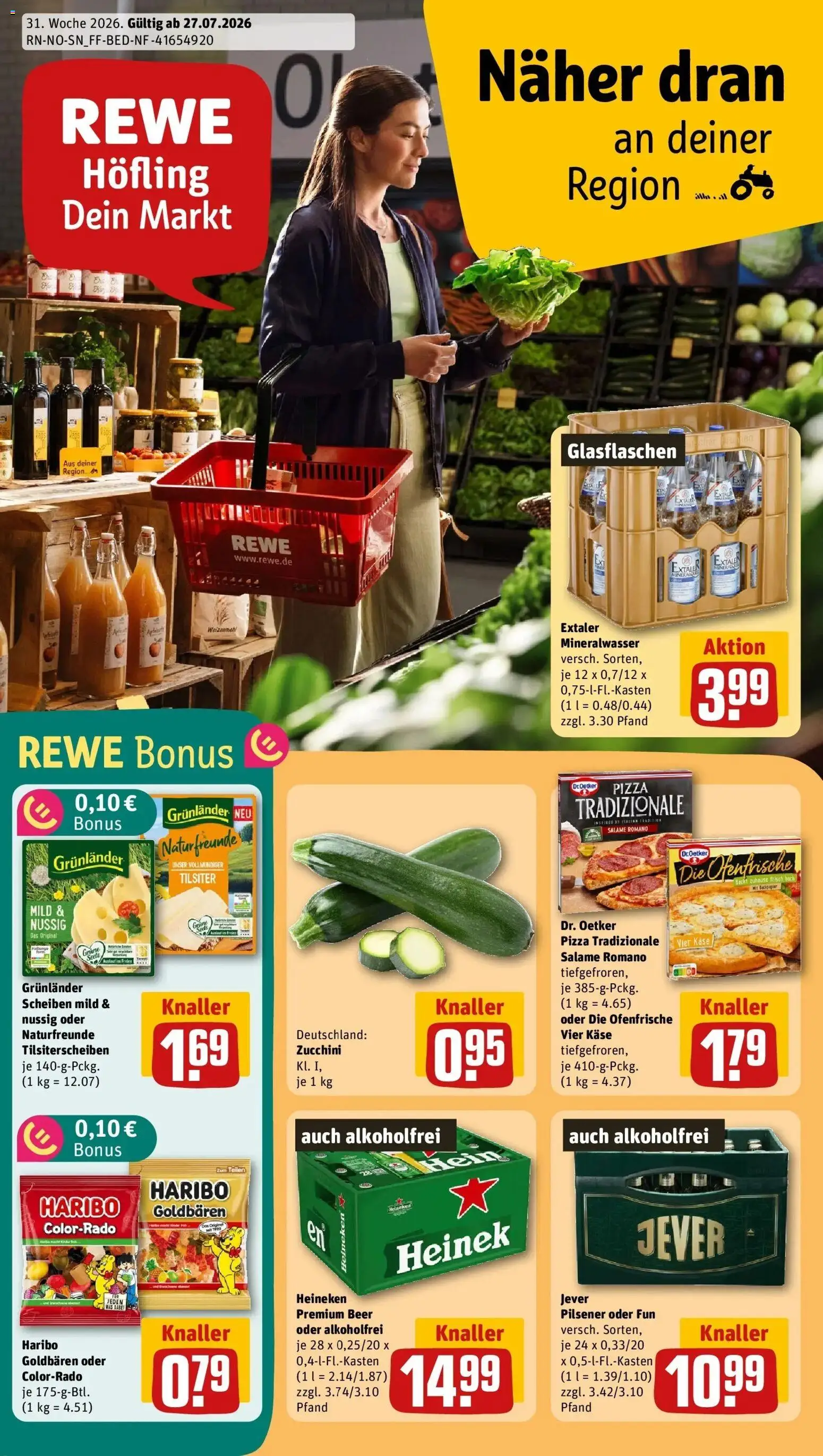Vorschau von dem Prospekt des Geschäftes Rewe, gültig ab dem 27.07.2026 - Pizza, Haribo, Zucchini, Jever, Heineken, Weizenmehl, Ofenfrische, Grunlander