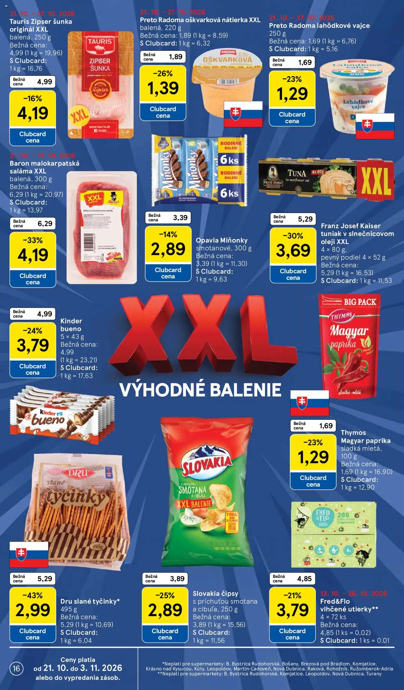Náhľad Tesco letáku platného od 21.10.2026 - Paprika, Tuniak, Kinder Bueno, Šunka, Smotana, Nátierka, Saláma, Utierky