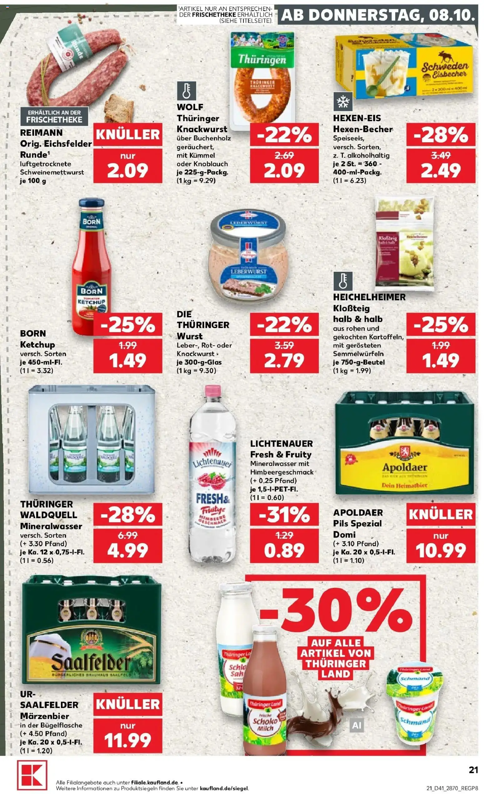 Vorschau von dem Prospekt des Geschäftes Kaufland, gültig ab dem 08.10.2026 - Wurst, Mineralwasser, Milch, Knoblauch, Ketchup, Pils