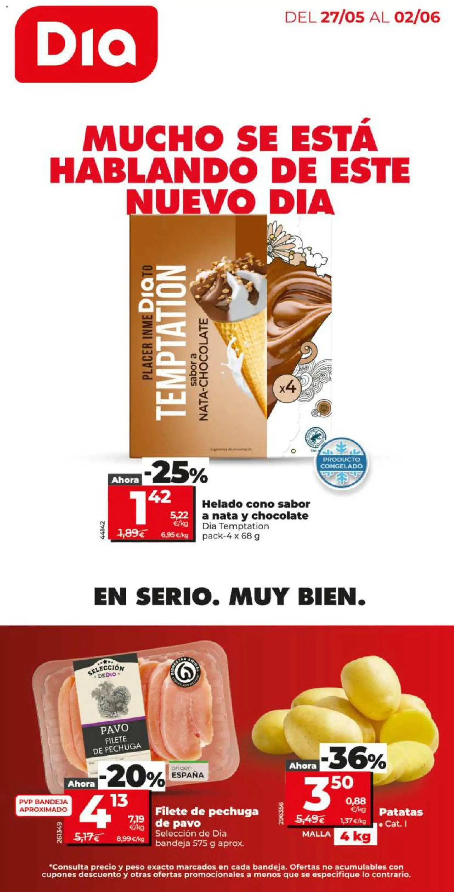 Vista previa del folleto de la tienda Dia válido desde el 27/05/2026 - Chocolate, Helado, Patatas, Pavo, Nata, Peso, Bandeja, Filete