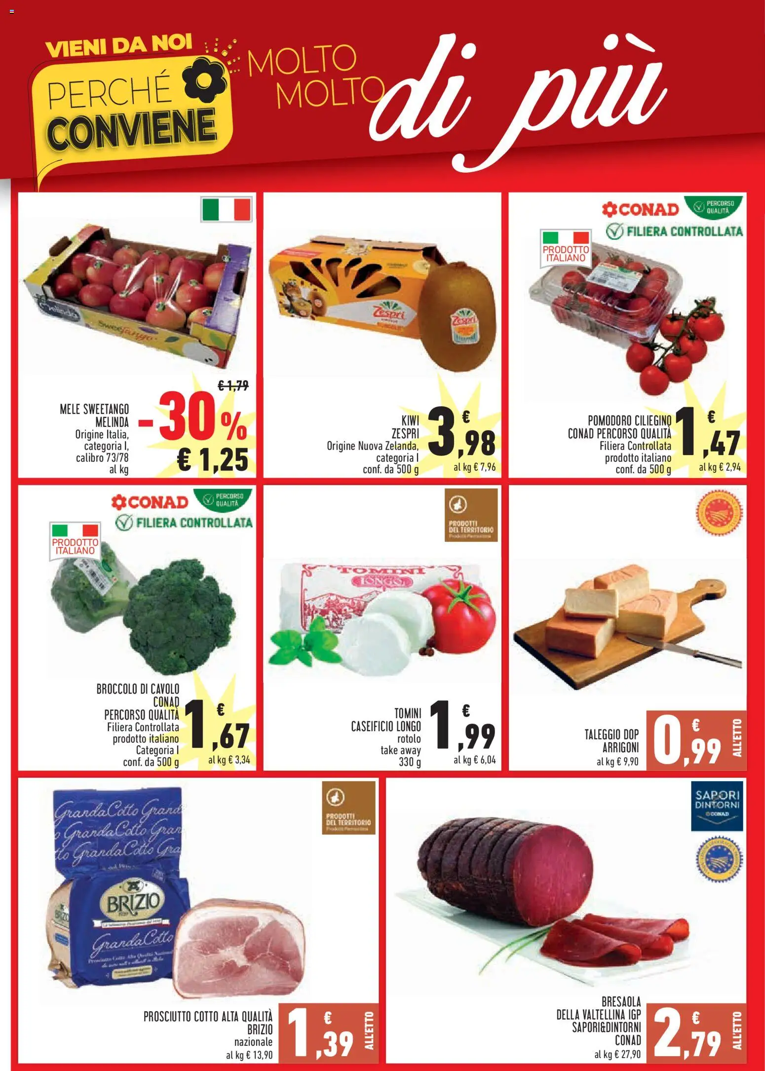 Anteprima dell'opuscolo Conad volantino Perché Conviene Piemonte dal negozio Conad valido da 22/10/2026 - Kiwi, Bresaola, Pomodoro, Mozzarella, Prosciutto, Prosciutto Cotto, Mele, Collo