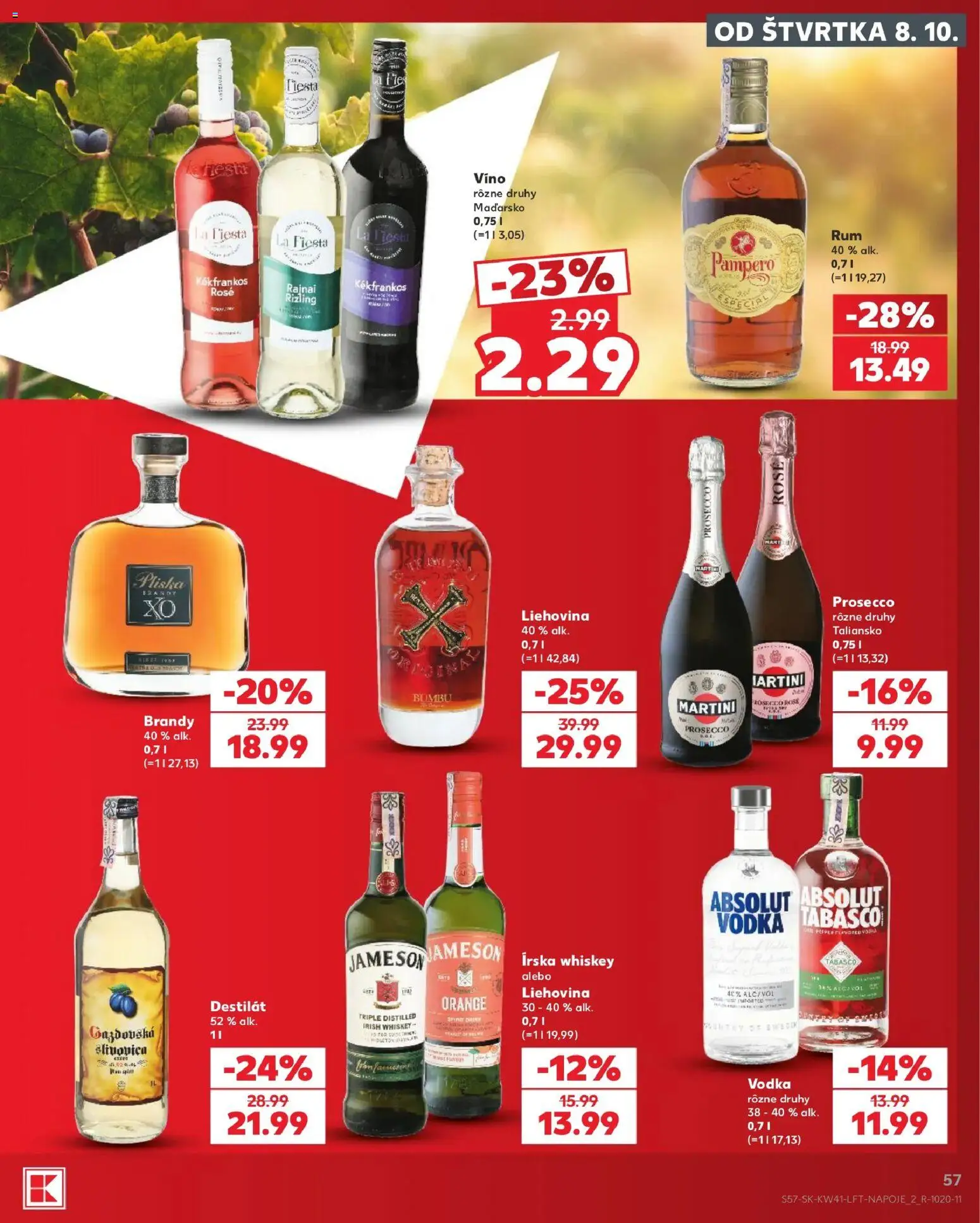 Náhľad Kaufland letáku platného od 08.10.2026 - Prosecco, Vodka, Jameson, Martini, Absolut vodka, Slivovica, Brandy, Destilát