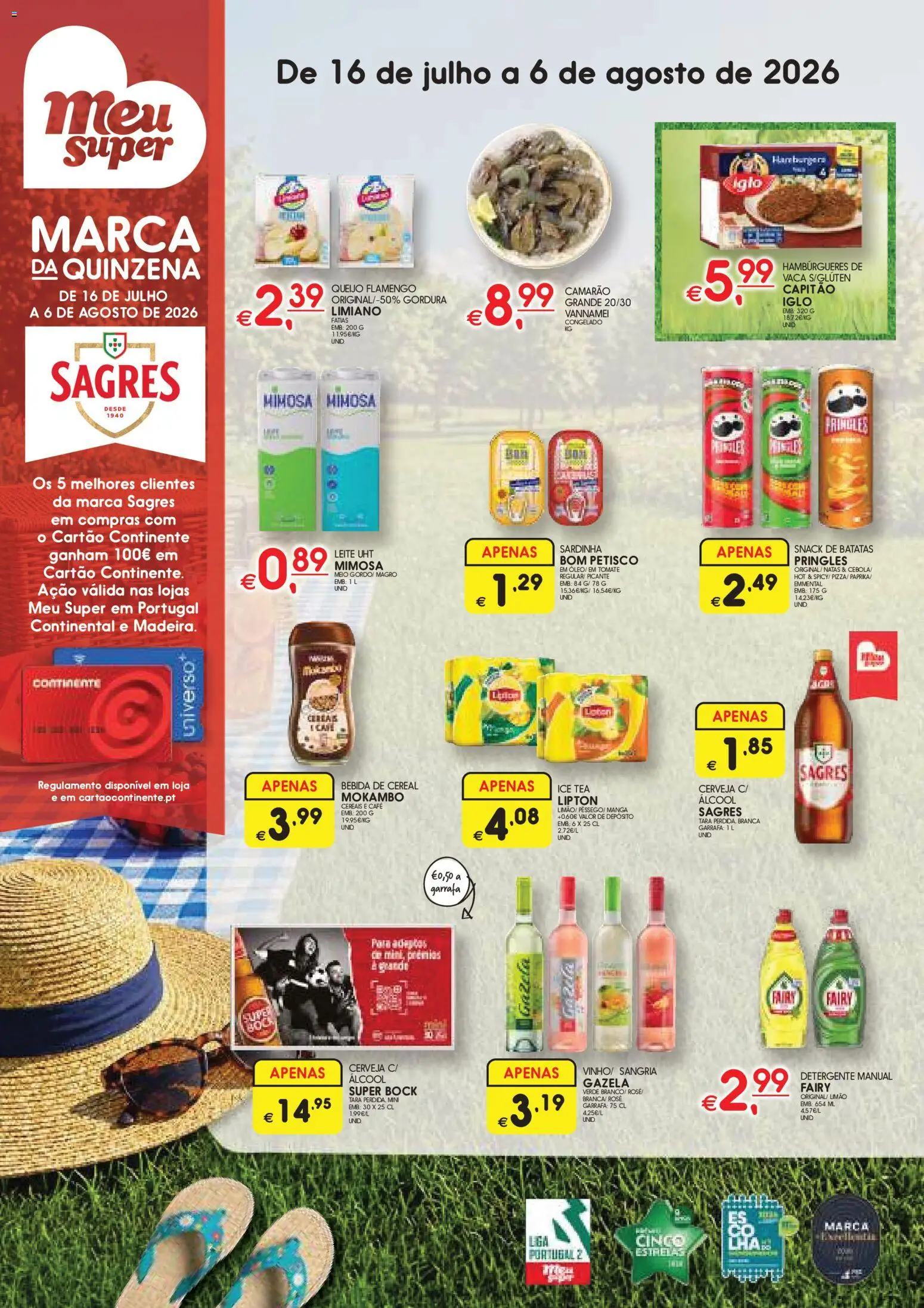 Pré-visualização do folheto da loja Meu Super válida a partir de 16/07/2026 - Cerveja, Natas, Super bock, Batatas, Camarão, Queijo, Detergente, Leite UHT