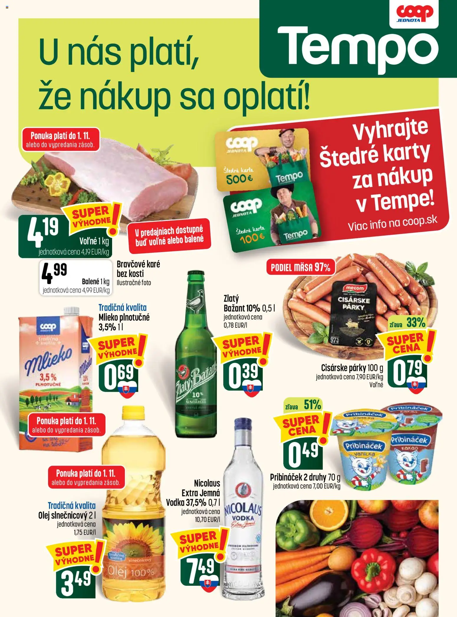 Náhľad COOP Jednota letáku platného od 29.10.2026 - Vodka, Bravčové karé, Olej, Mlieko, Párky, Zlatý Bažant, Mlieko plnotučné