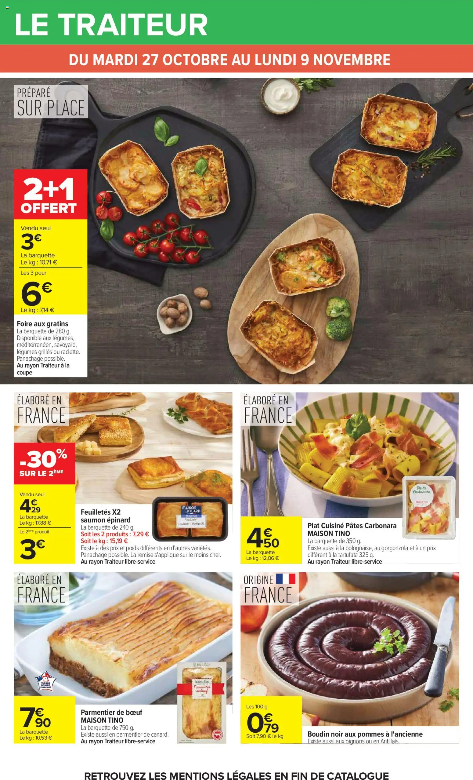Prévisualisation de Carrefour Vos promos du quotidien du magasin Carrefour formulaire valide 27/10/2026 - Pâtes, Saumon, Oignons, Epinard, Pudding, Boudin noir, Poids, Boudin