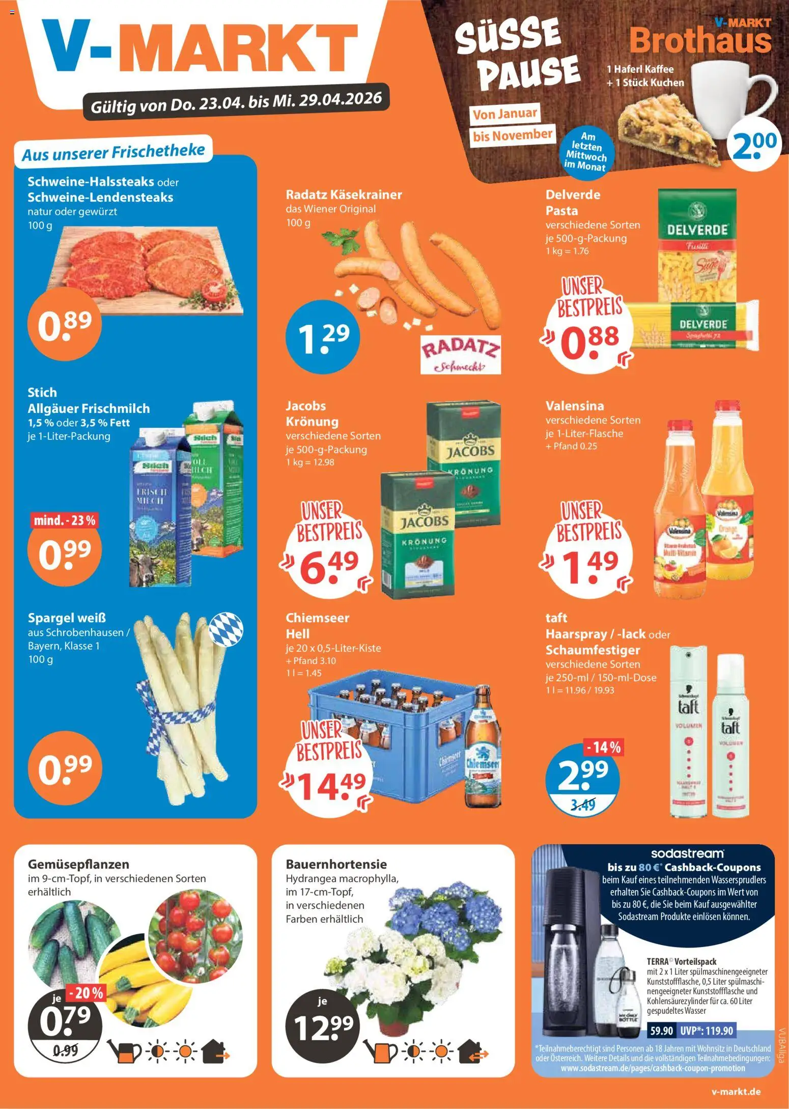 Vorschau von dem Prospekt des Geschäftes V-Markt, gültig ab dem 23.04.2026 - Kaffee, Kuchen, Wasser, Pasta, Spargel, Milch, Käsekrainer, Valensina