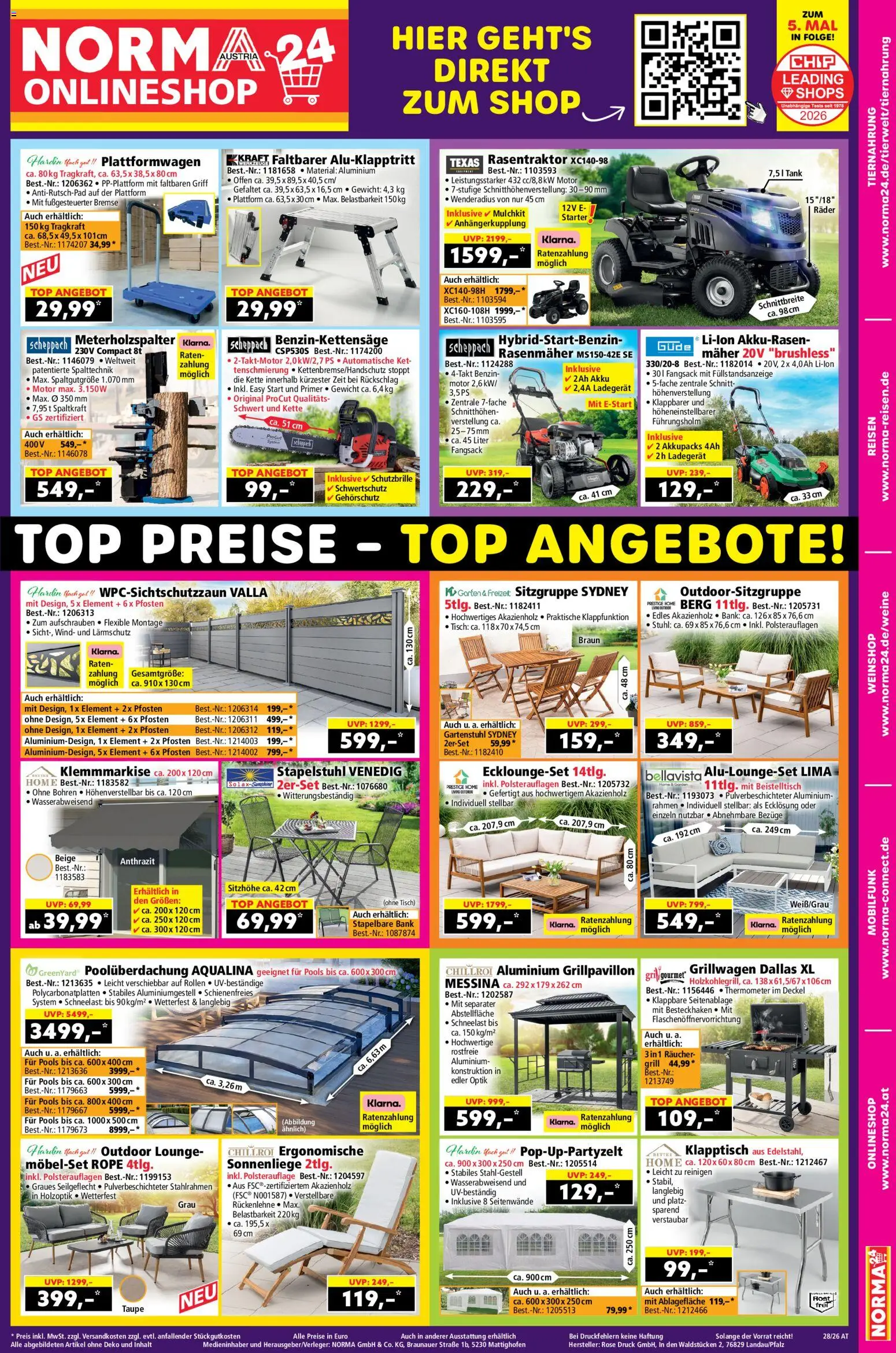 Vorschau der Angebote: Norma Norma Online shop gültig ab 06.07.2026 - Rasenmäher, Grill, Tisch, Stuhl, Thermometer, Gewicht