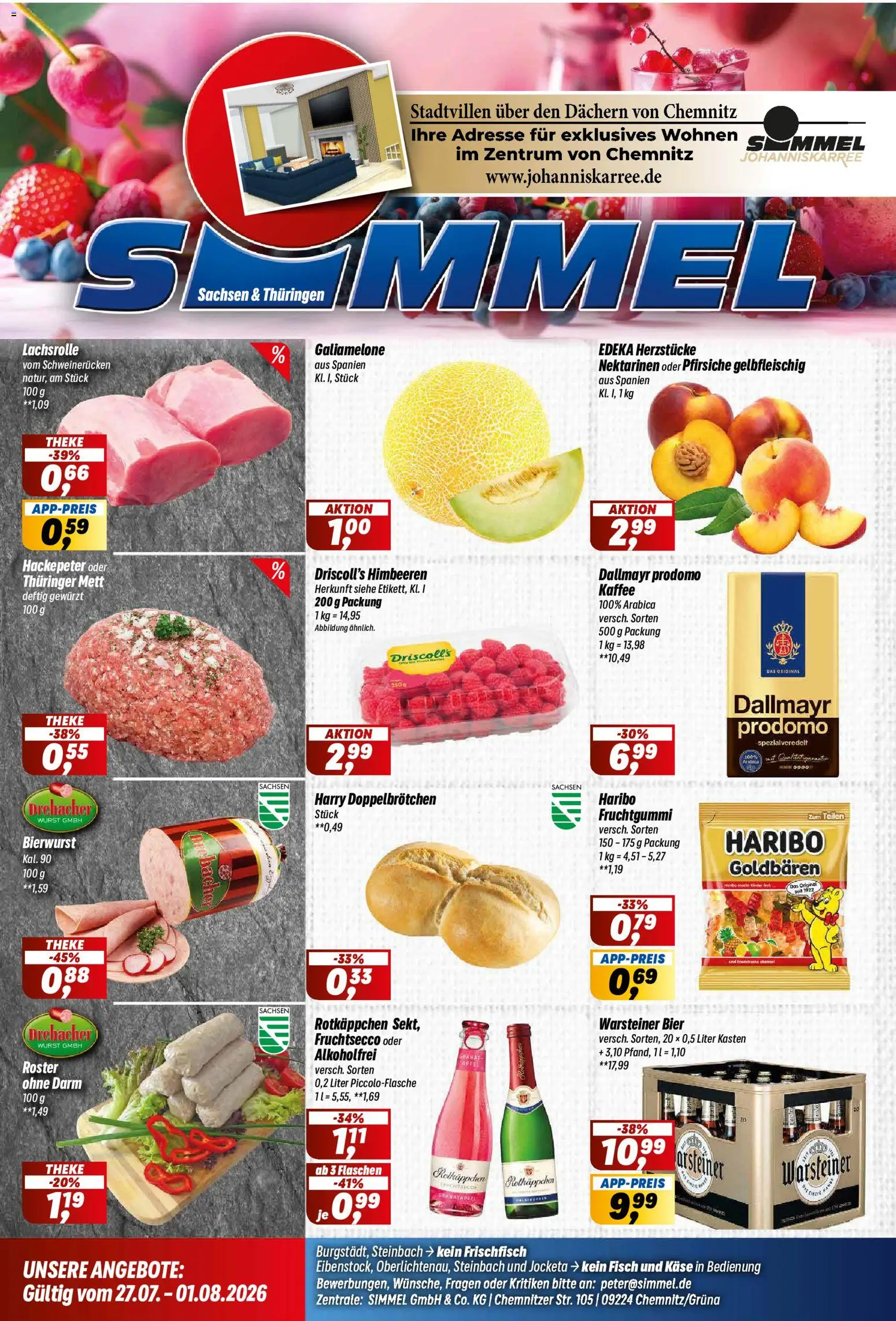 Vorschau von dem Prospekt des Geschäftes Simmel, gültig ab dem 27.07.2026 - Kaffee, Käse, Fisch, Wurst, Himbeeren, Warsteiner, Dallmayr prodomo, Fruchtsecco