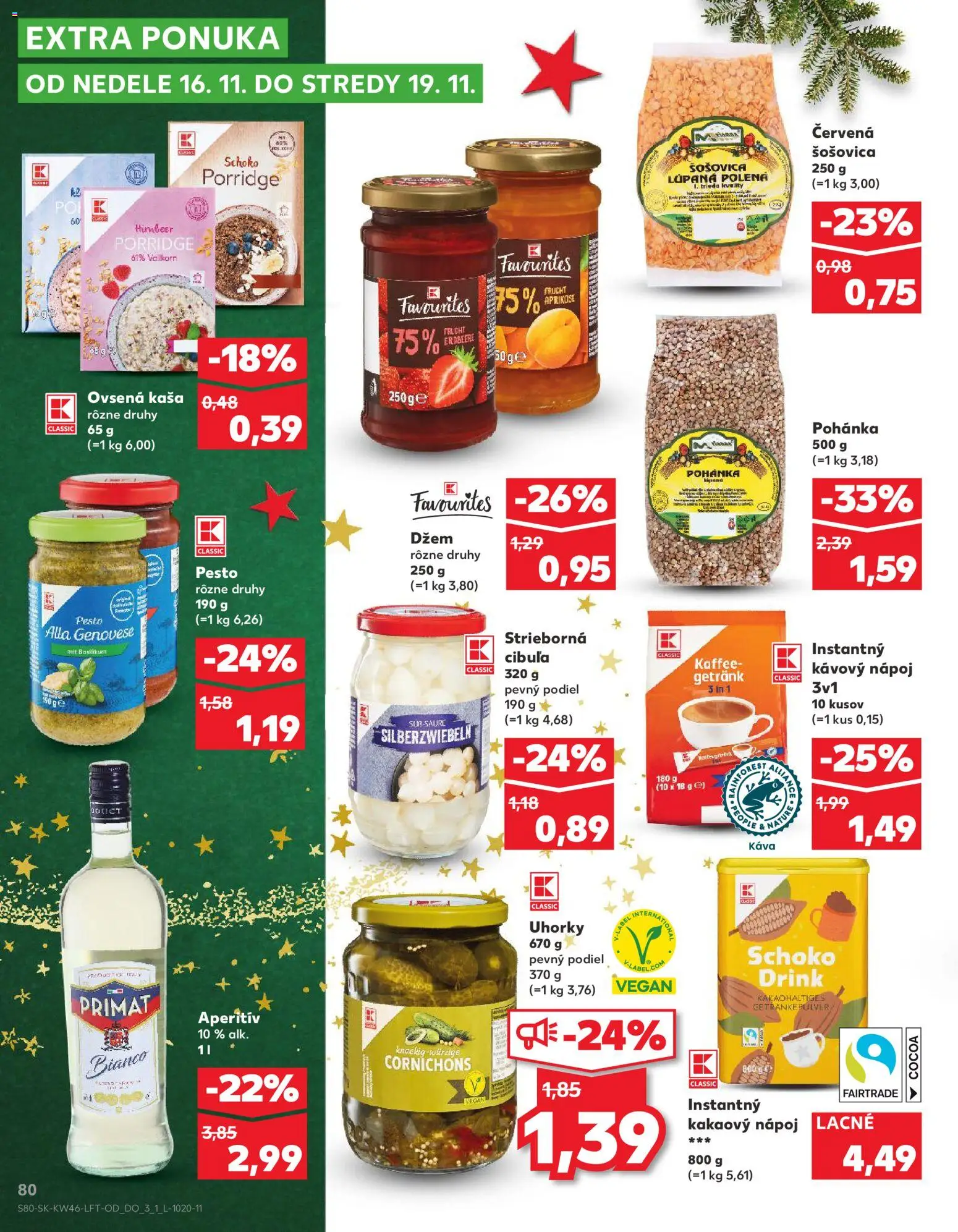 Náhľad Kaufland letáku platného od 13.11.2025 - Káva, Cibuľa, Pesto, Šošovica, Uhorky, Aperitív, Džem