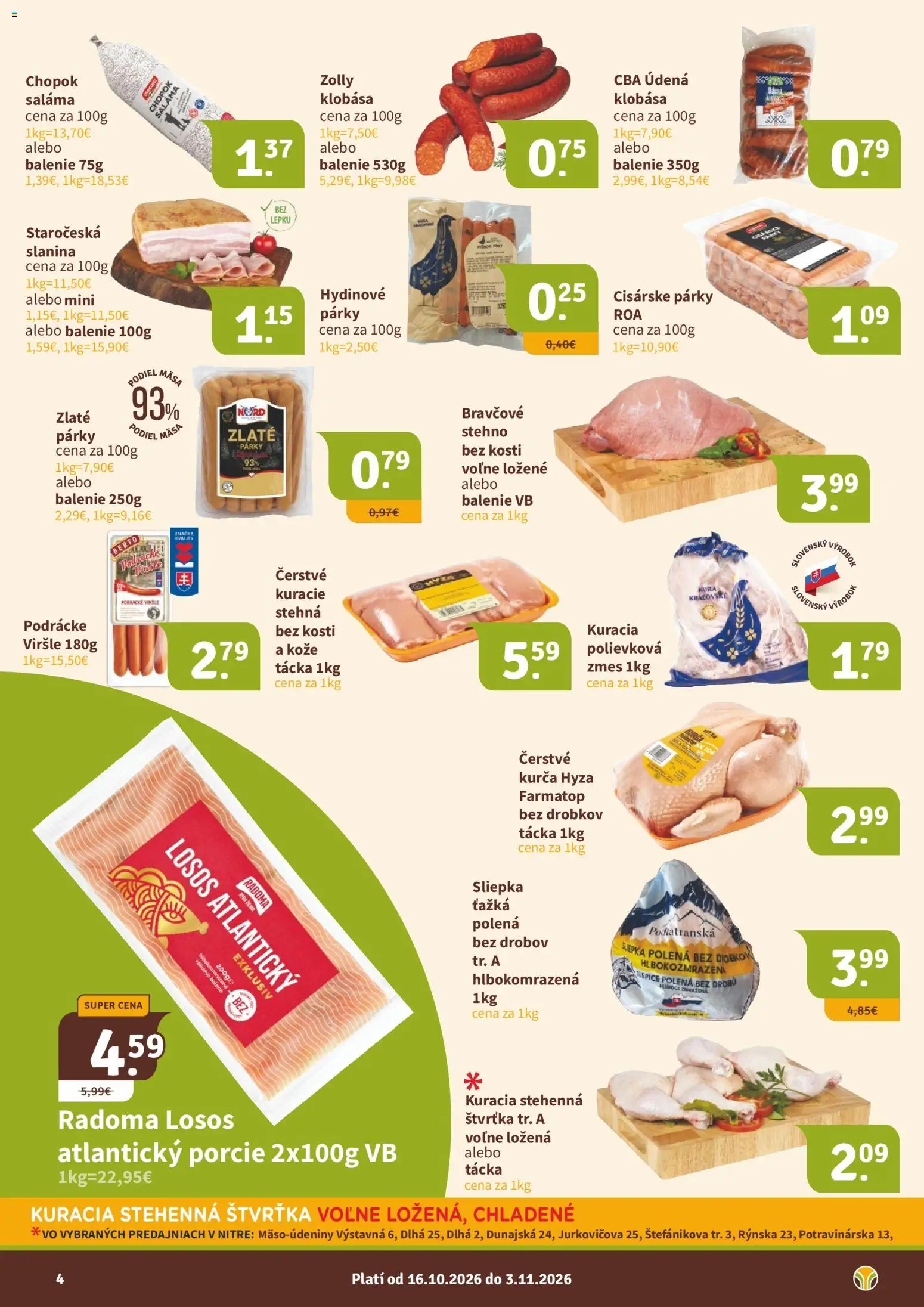 Náhľad Nitrazdroj letáku platného od 16.10.2026 - Losos, Klobása, Slanina, Párky, Saláma, Kurča, Stehná