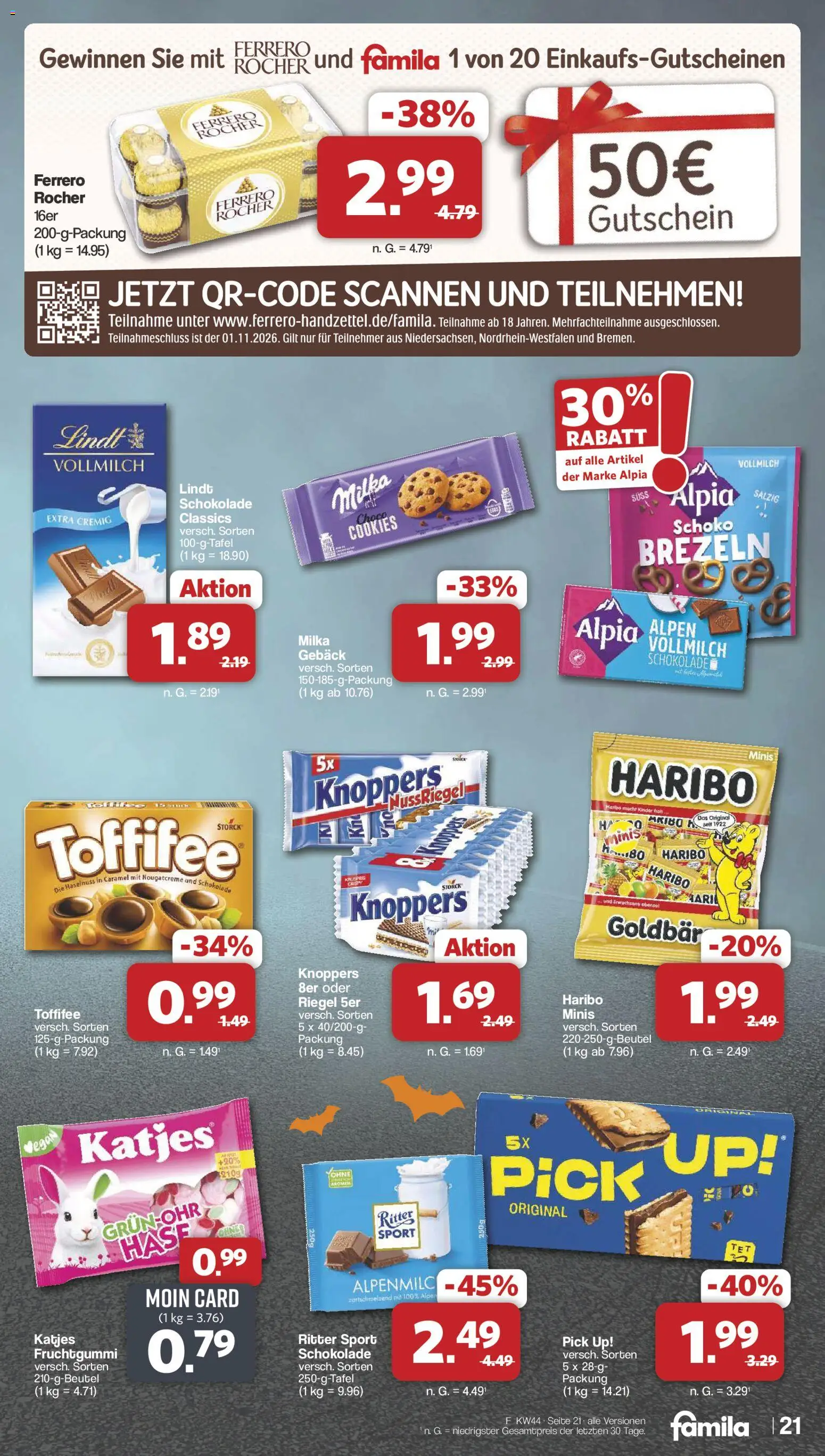 Vorschau von dem Prospekt des Geschäftes Famila Nordwest, gültig ab dem 26.10.2026 - Schokolade, Haribo, Lindt, Ritter sport, Milka, Toffifee, Ferrero rocher, Knoppers