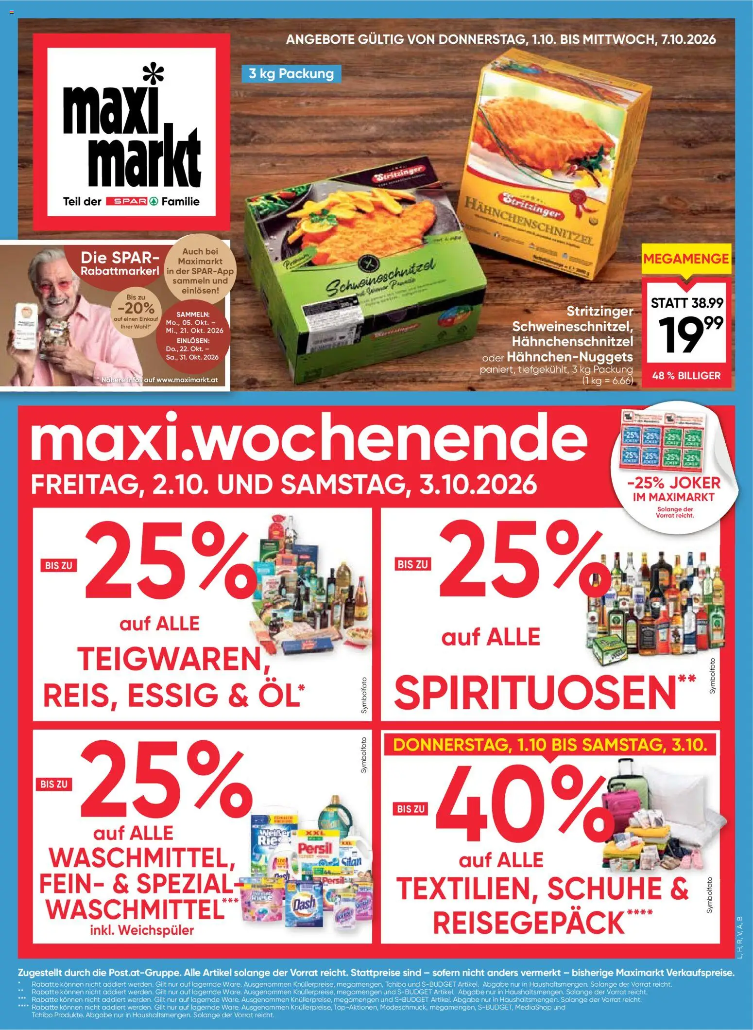 Vorschau der Angebote: Maximarkt Maximarkt maxi.wochenende gültig ab 01.10.2026 - Weichspüler, Hähnchenschnitzel