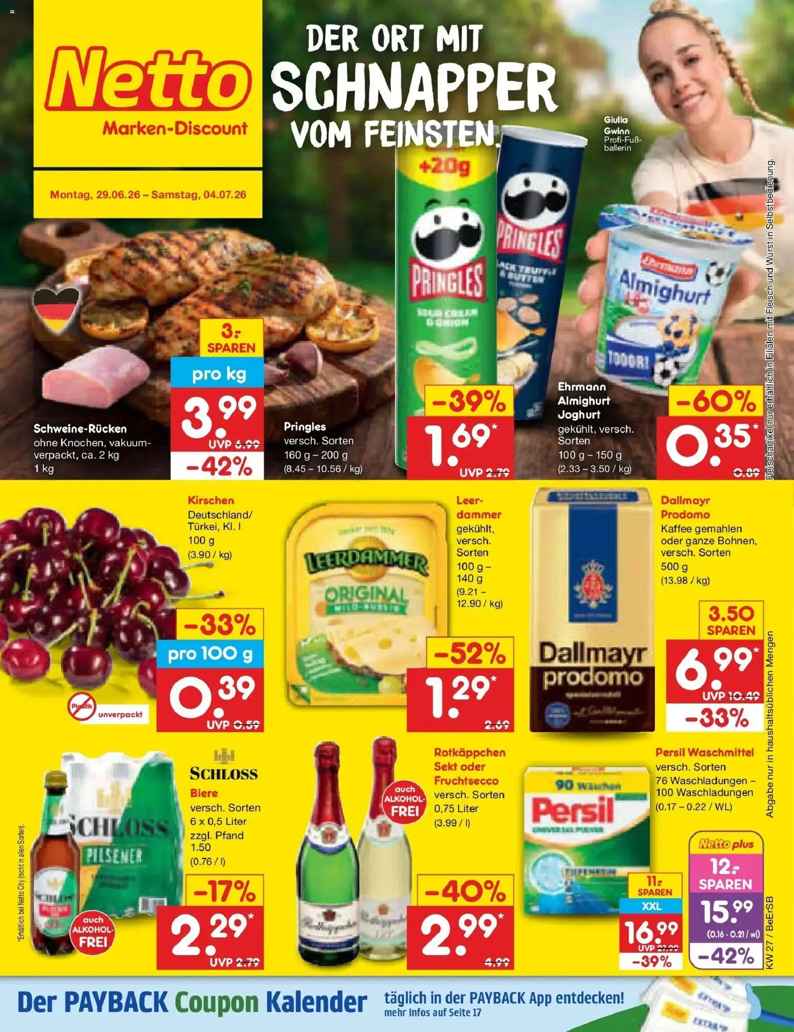 Vorschau von dem Prospekt des Geschäftes Netto Marken-Discount, gültig ab dem 29.06.2026 - Fleisch, Kirschen, Pringles, Sekt, Waschmittel, Leerdammer, Schweinerucken, Fruchtsecco