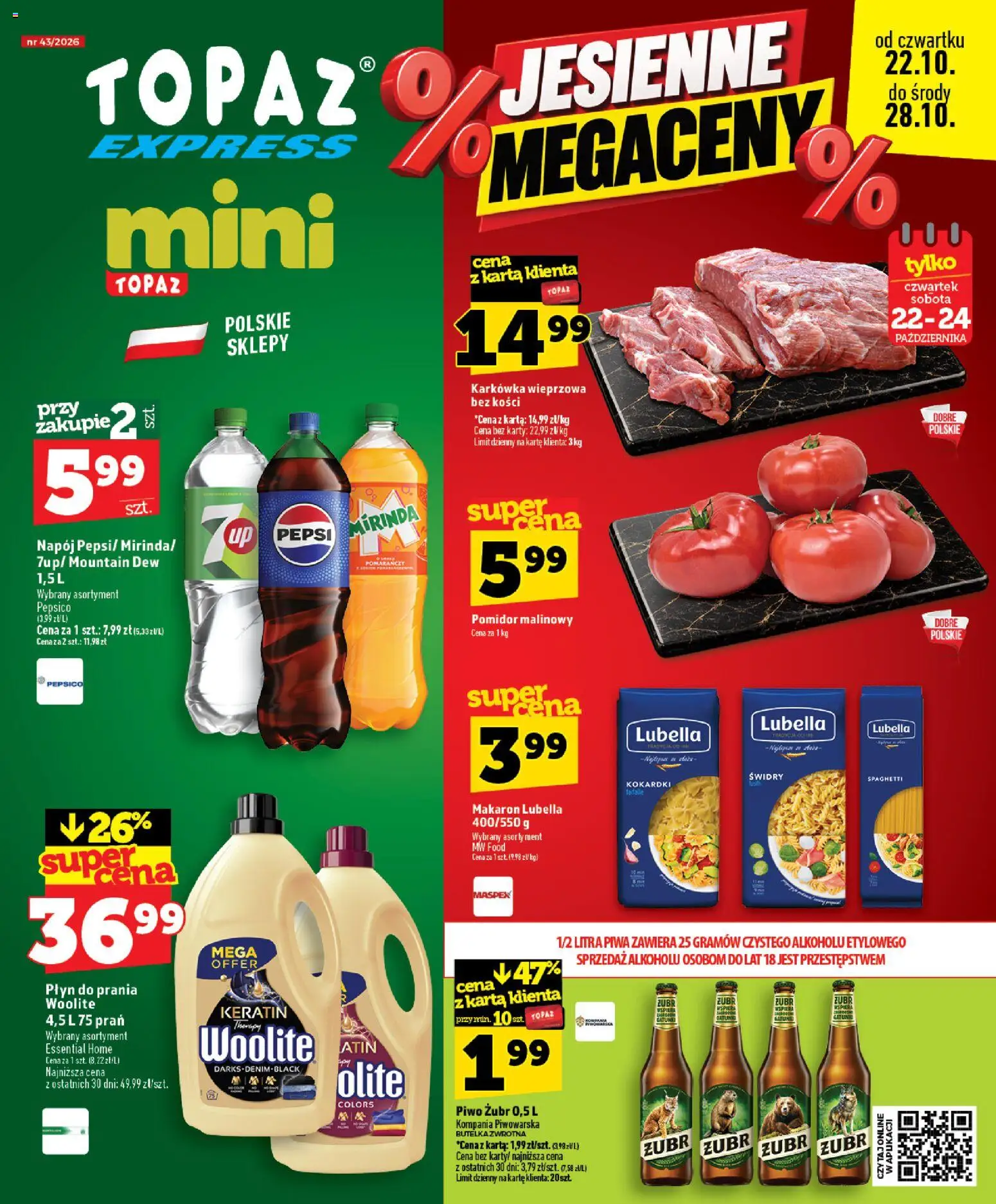 Pogląd gazetki "Topaz gazetka - Express" ze sklepu Topaz ważnej od 22.10.2026 - Piwo, Makaron, Pepsi, Karkówka, Karta, Pomidor malinowy, Piwo żubr, Karkówka wieprzowa
