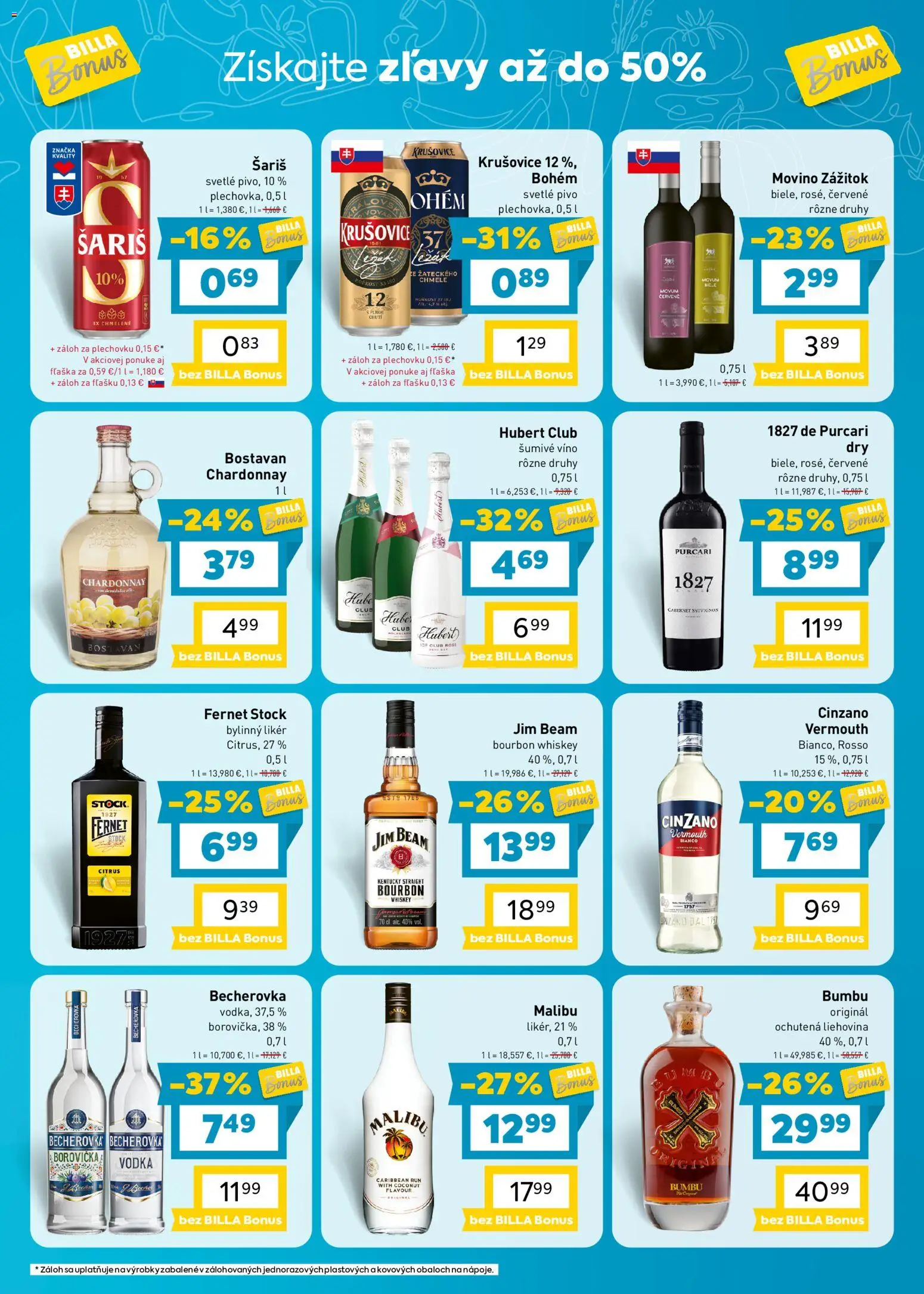 Náhľad Billa letáku platného od 28.10.2026 - Pivo, Víno, Vodka, Becherovka, Malibu, Jim Beam, Fernet, Bylinný likér
