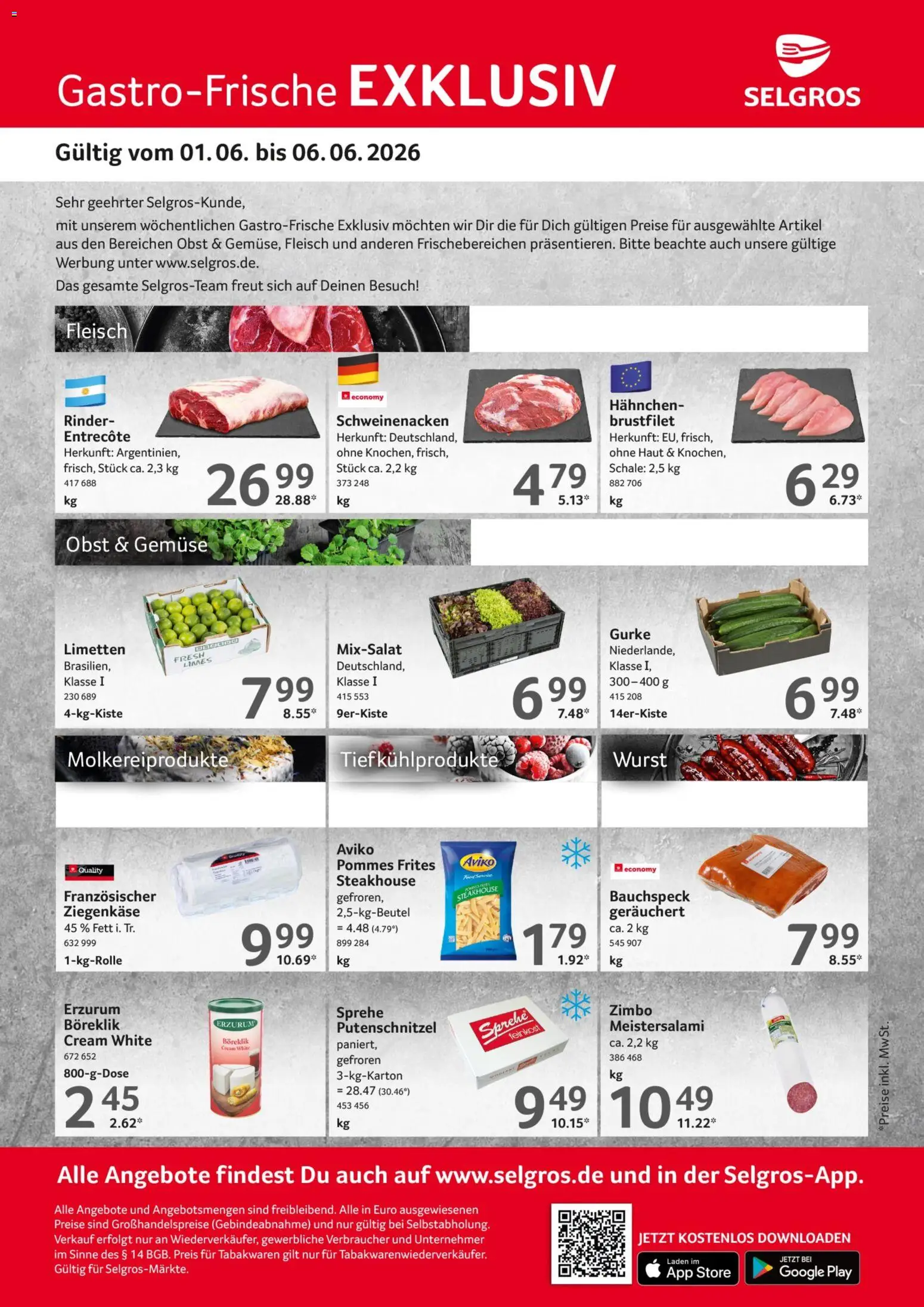 Vorschau von dem Prospekt des Geschäftes Selgros, gültig ab dem 01.06.2026 - Wurst, Pommes, Entrecote, Gemüse, Pommes frites, Limetten, Ziegenkäse, Hahnchen