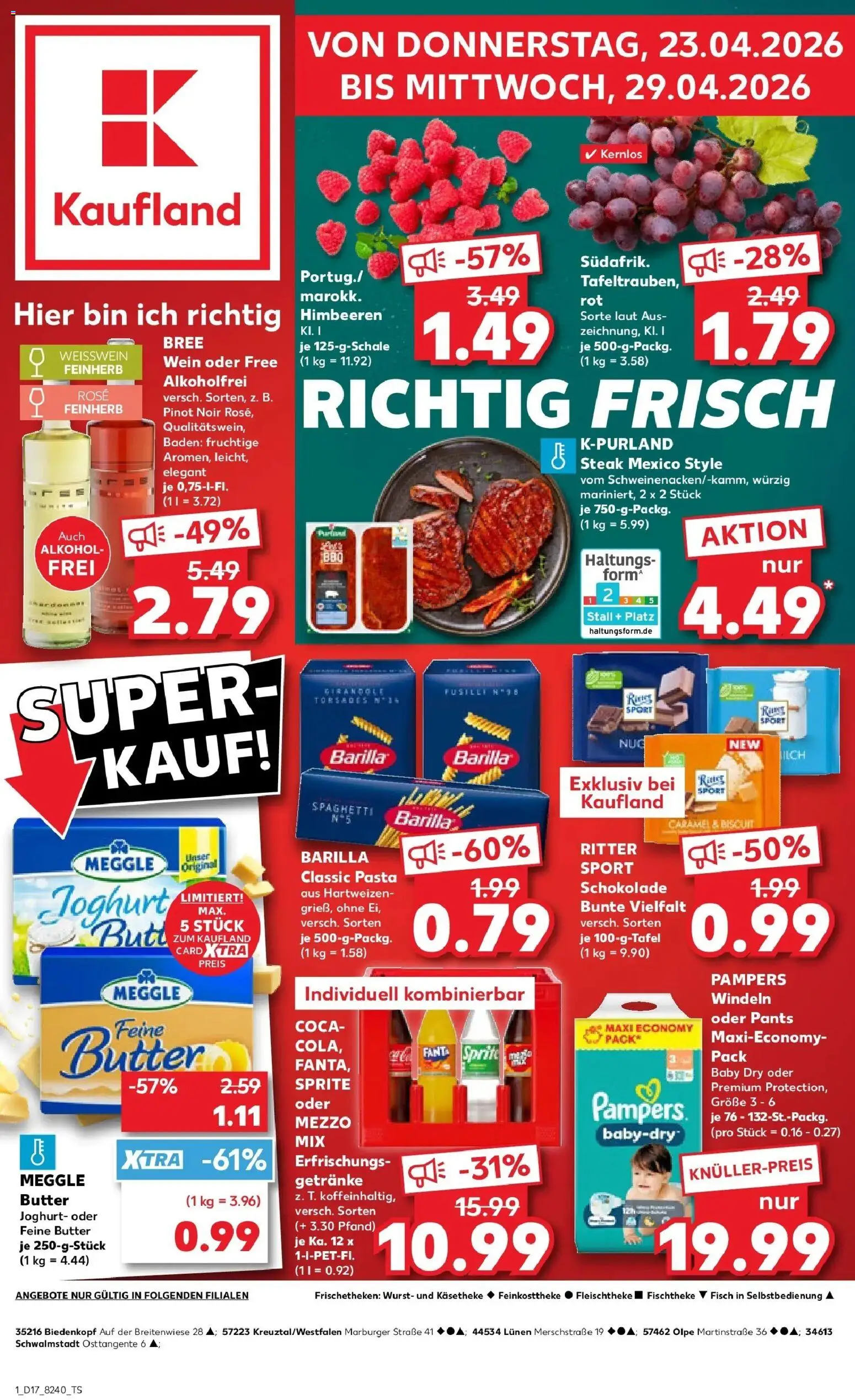 Vorschau von dem Prospekt des Geschäftes Kaufland, gültig ab dem 23.04.2026 - Steak, Wein, Himbeeren, Sprite, Weißwein, Mezzo mix, Bree, Oder mezzo mix