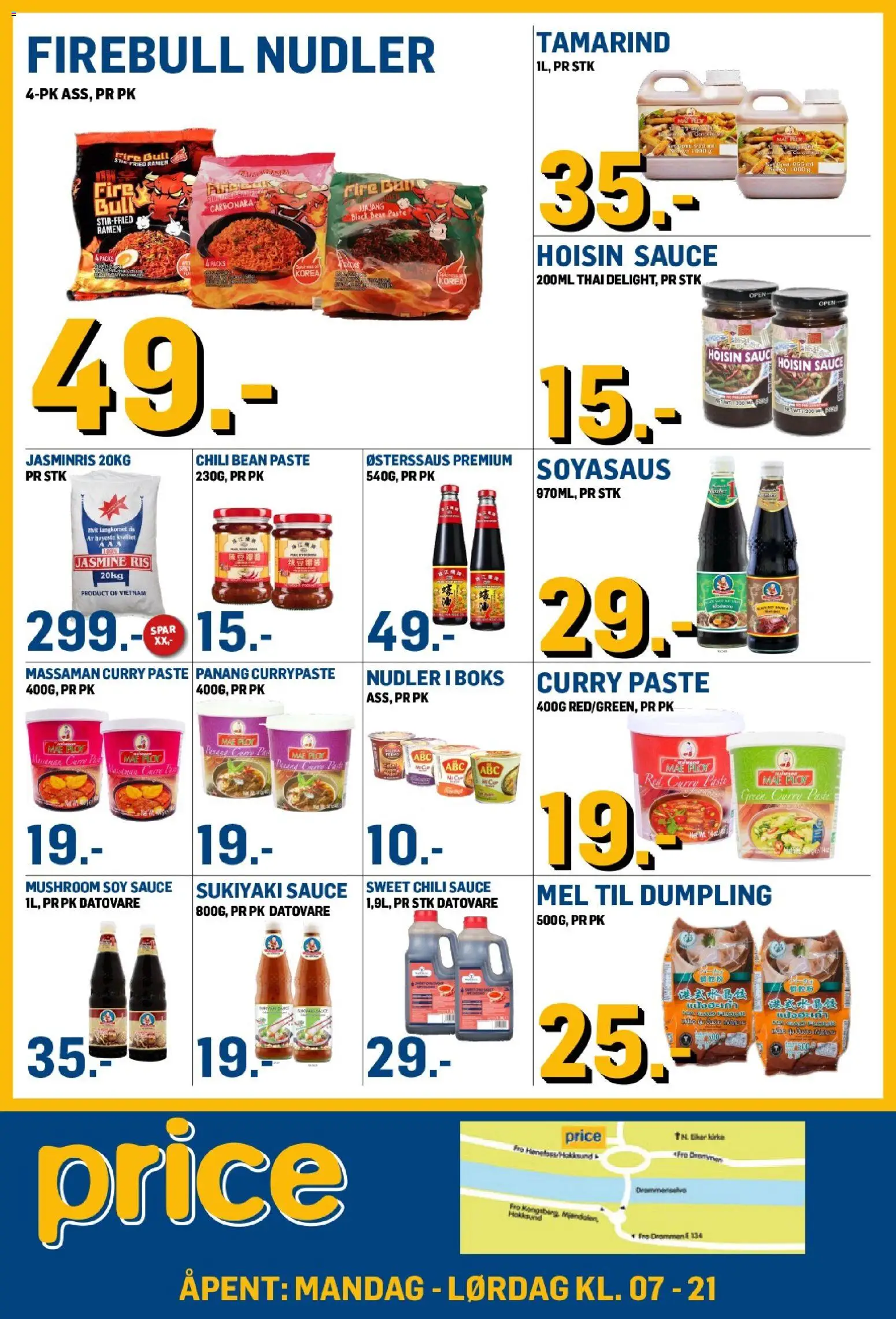 Forhåndsvis Price Lagerbutikk kundeavis fra butikk Price Lagerbutikk gyldig fra 14/10/2026 - Jasminris, Nudler, 1, Dumpling, Red curry, Soyasaus, Boks, Mat