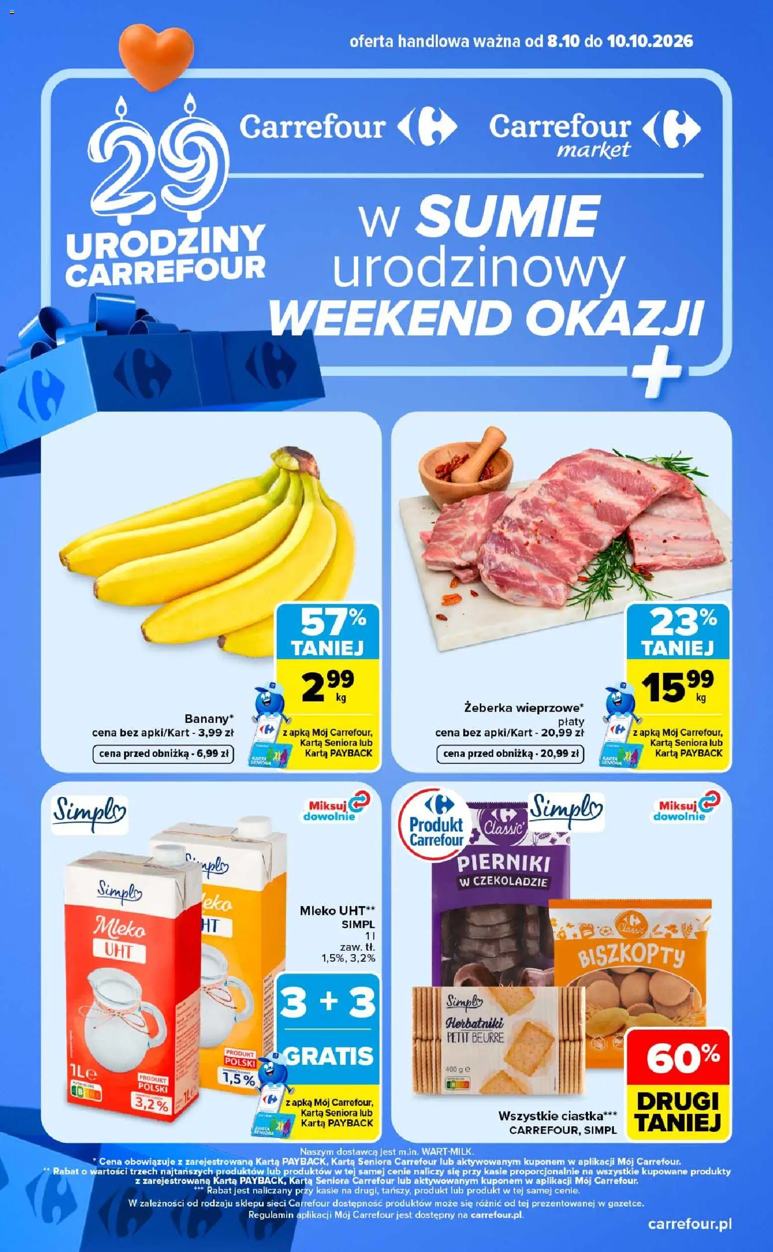 Pogląd gazetki "Carrefour gazetka - Weekend okazji" ze sklepu Carrefour ważnej od 08.10.2026 - Mleko, Ciastka, Pierniki, Żeberka, Karta, Biszkopty, Mleko UHT, Herbatniki petit beurre