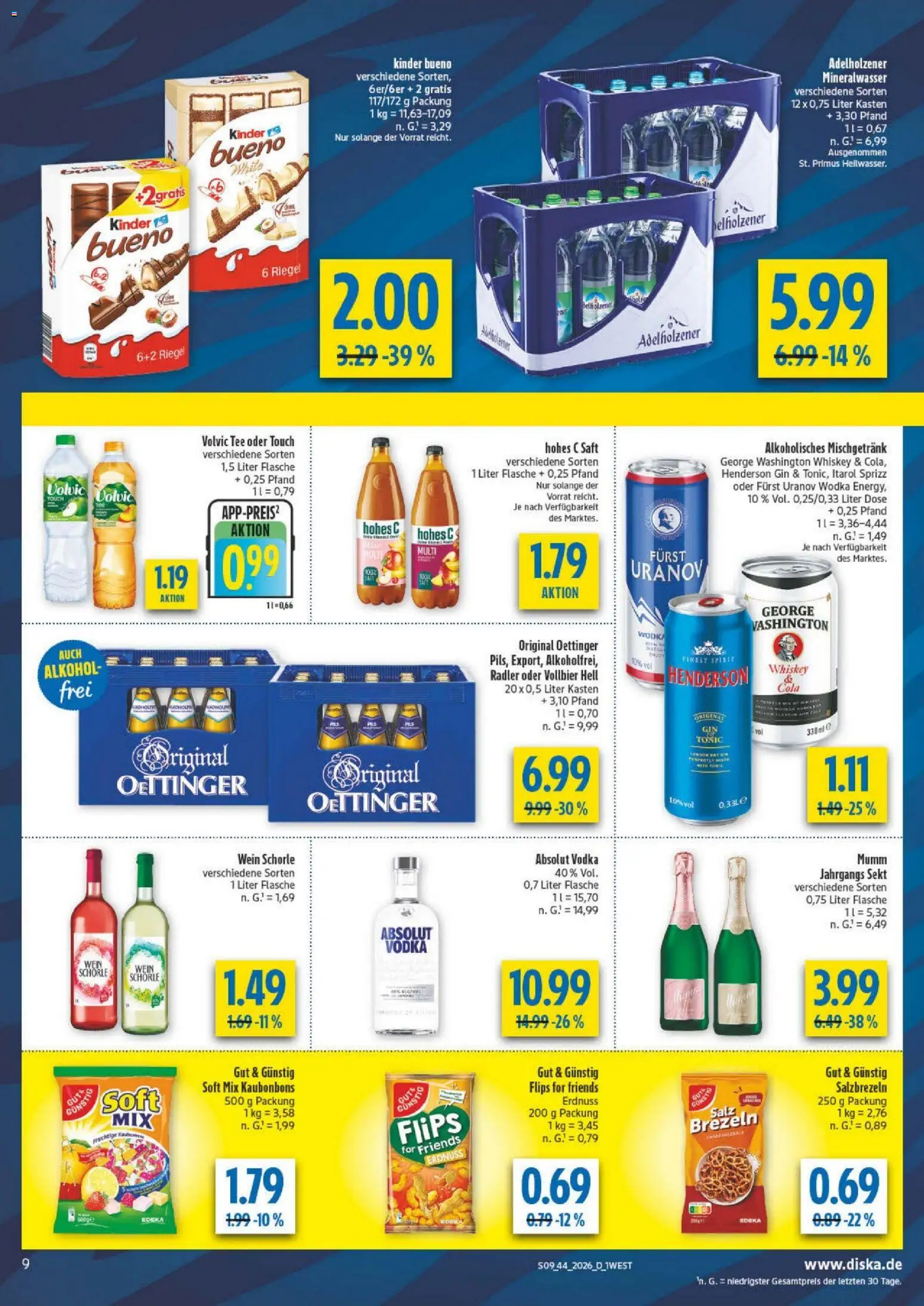 Vorschau von dem Prospekt des Geschäftes Diska, gültig ab dem 26.10.2026 - Wein, Alkohol, Vodka, Sekt, Kinder bueno, Volvic, Adelholzener, Saft