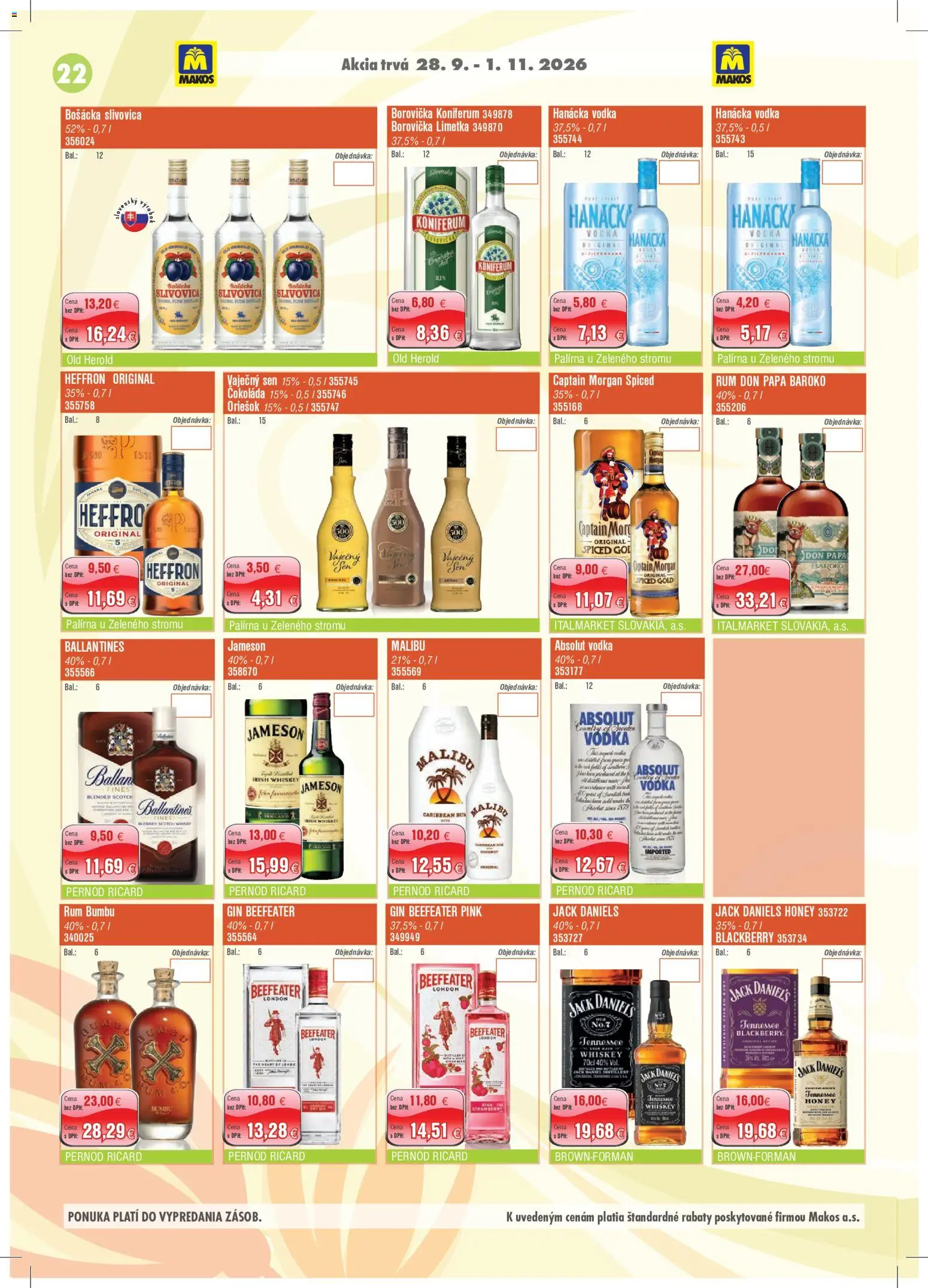 Náhľad Makos letáku platného od 28.09.2026 - Rum, Čokoláda, Captain Morgan, Beefeater, Bošácka slivovica, Limetka, Beefeater Pink, Jack Daniel's