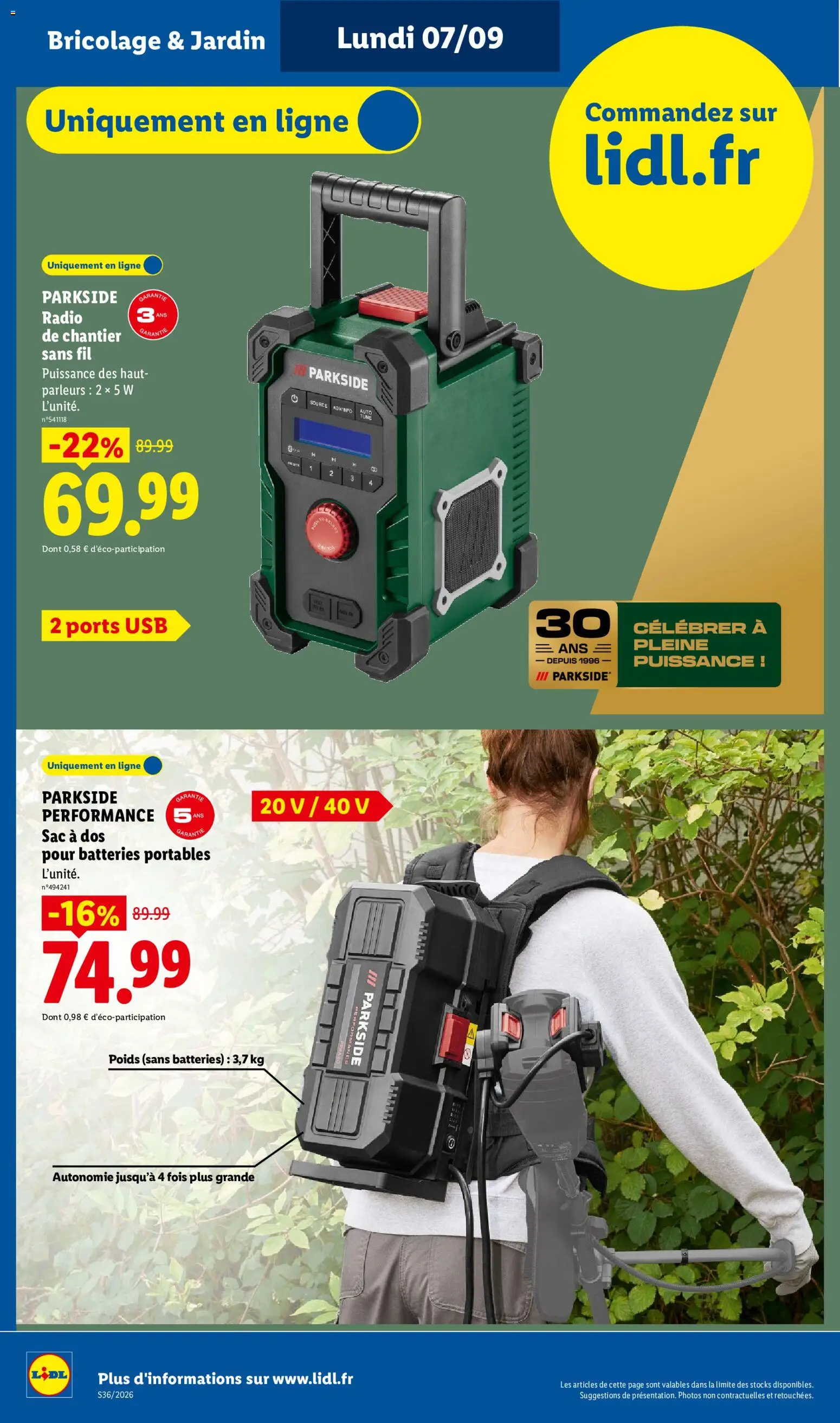 Prévisualisation de LIDL catalogue les bonnes affaires Exclu Web du magasin LIDL formulaire valide 07/09/2026 - Bricolage, Radio, Parkside, Sac à dos, Sac, Poids, Radio de chantier sans fil, Haut-parleurs