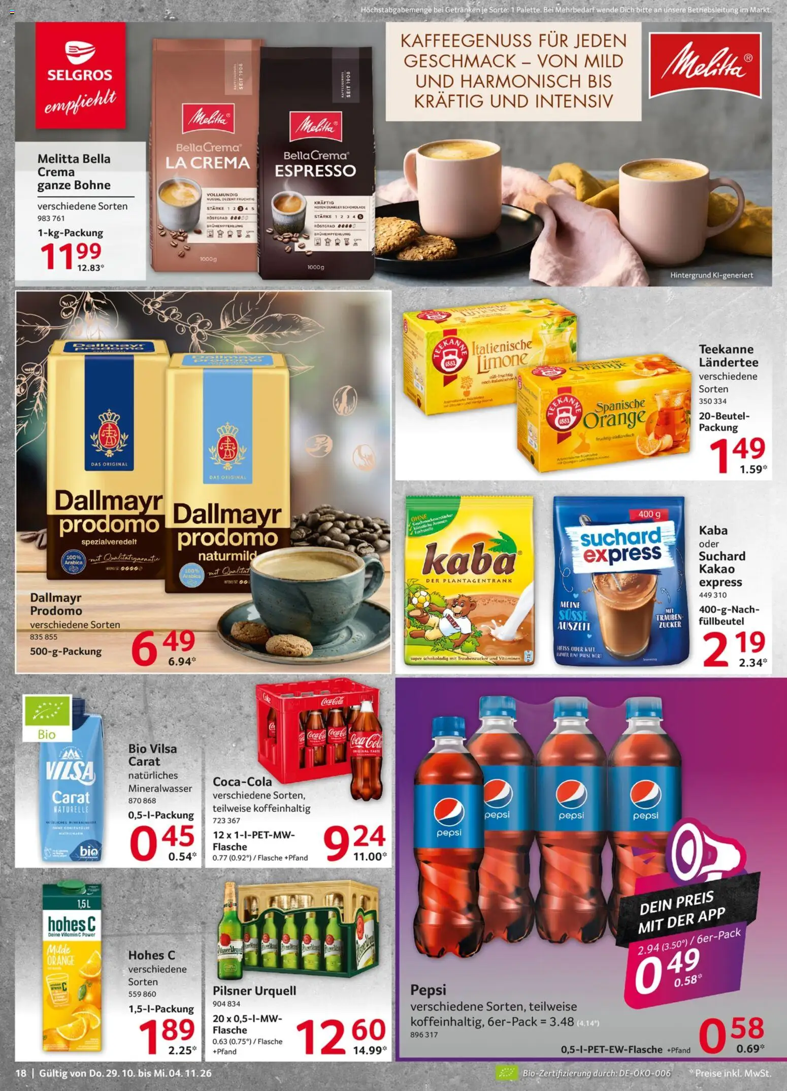 Vorschau von dem Prospekt des Geschäftes Selgros, gültig ab dem 29.10.2026 - Coca cola, Mineralwasser, Teekanne, Zucker, Trauben, Pilsner urquell, Dallmayr prodomo, Hohes c