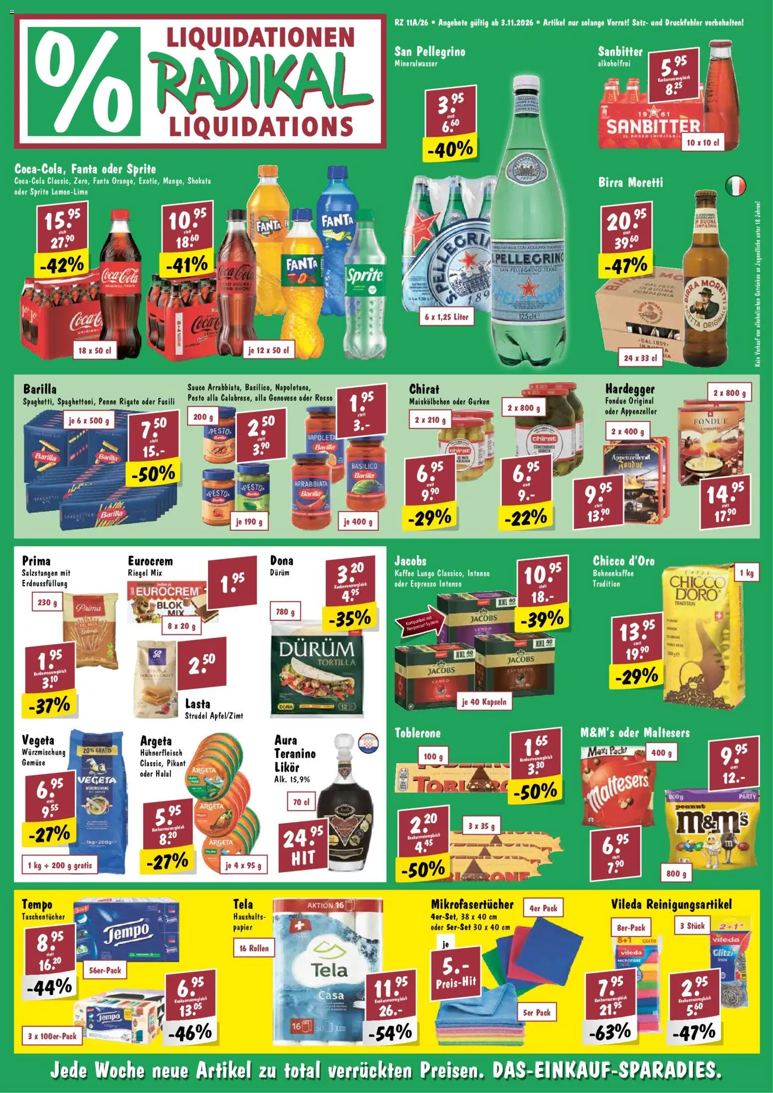Vorschau des Merkblatts Radikal aktionen vom Shop Radikal gültig von 03.11.2026 bis - Kaffee, Fanta, Barilla, Gurken, Sprite, Mineralwasser, Salzstangen, Hühnerfleisch