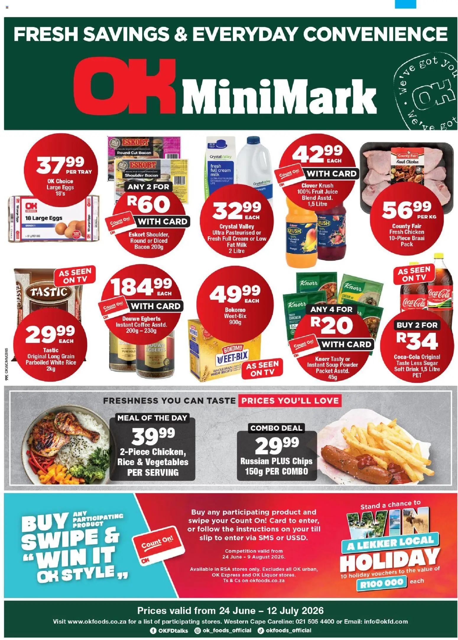Preview of OK Foods flyer valid from 24/06/2026 - Chicken, Mango, Vegetables, Milk, Biscuits, Rice, Bacon, Tray