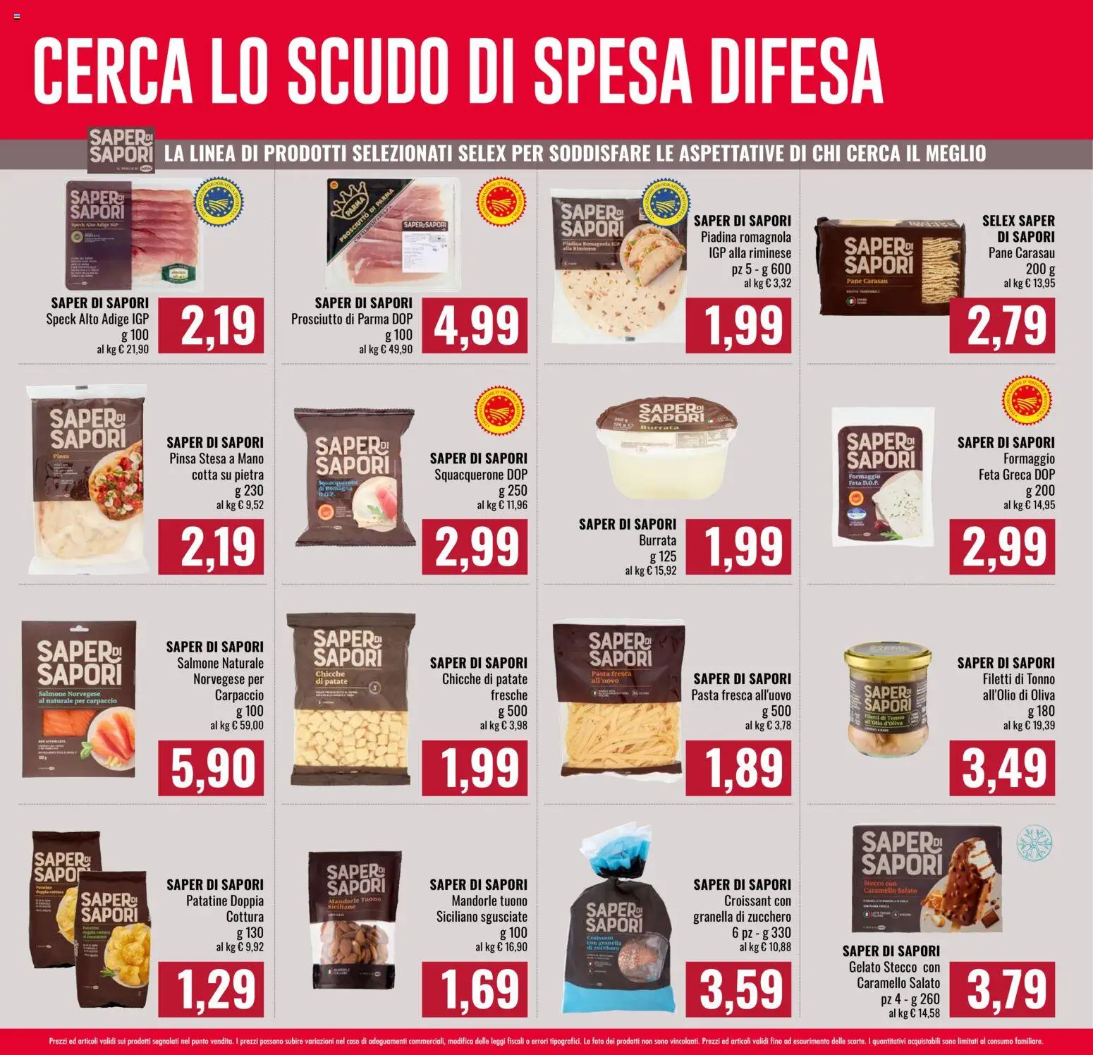 Anteprima dell'opuscolo Famila volantino Spesa Difesa dal negozio Famila valido da 08/10/2026 - Zucchero, Tonno, Carpaccio, Patatine, Mandorle, Patate, Prosciutto di Parma, Formaggio feta