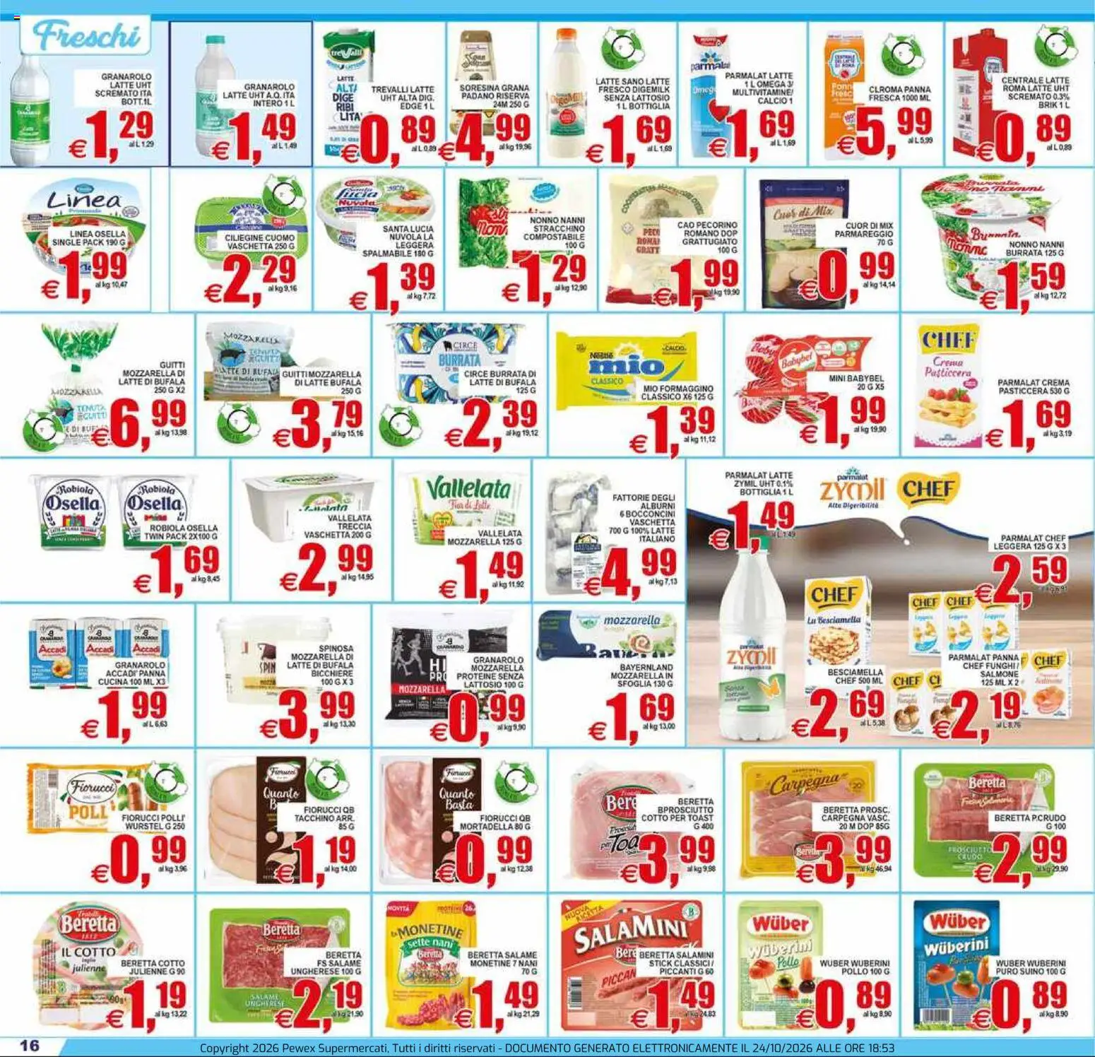 Anteprima dell'opuscolo Pewex volantino Supermercati Via Rubicone dal negozio Pewex valido da 23/10/2026 - Crema, Pollo, Latte, Funghi, Mortadella, Stracchino, Panna, Senza lattosio